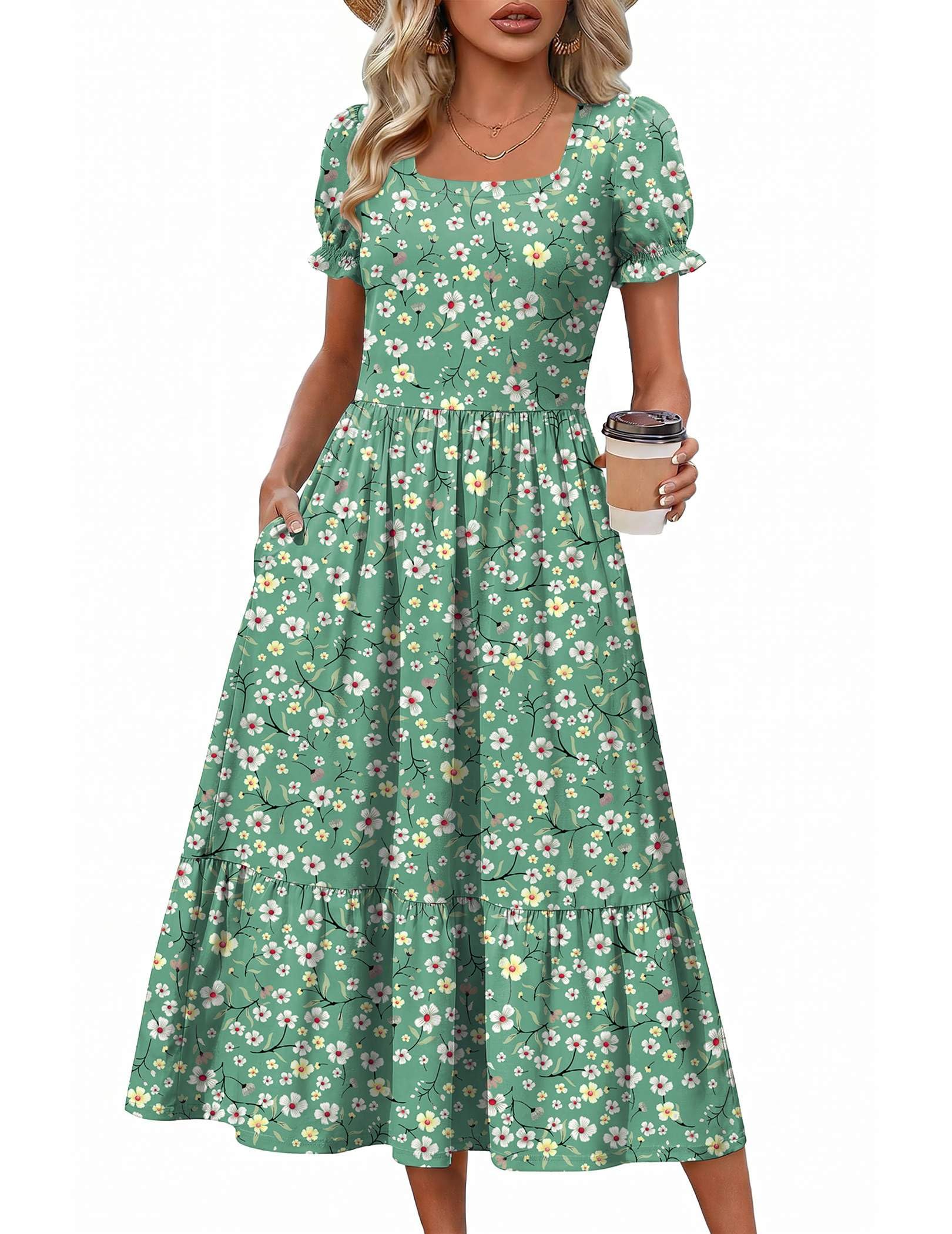 Zeagoo Womens Dresses Summer Casual Midi Dress Floral Sundresses with Pockets Womens Beach Vacation Dress Square Neck A Line Dresses L