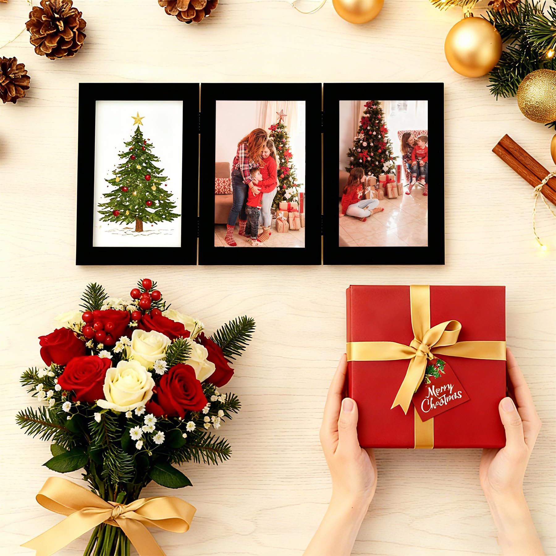 decorUhome Triple 4x6 Picture Frame Vertical, Engineered Wood Trifold Photo Frame with Plexiglass for Tabletop Display, 4x6, Black