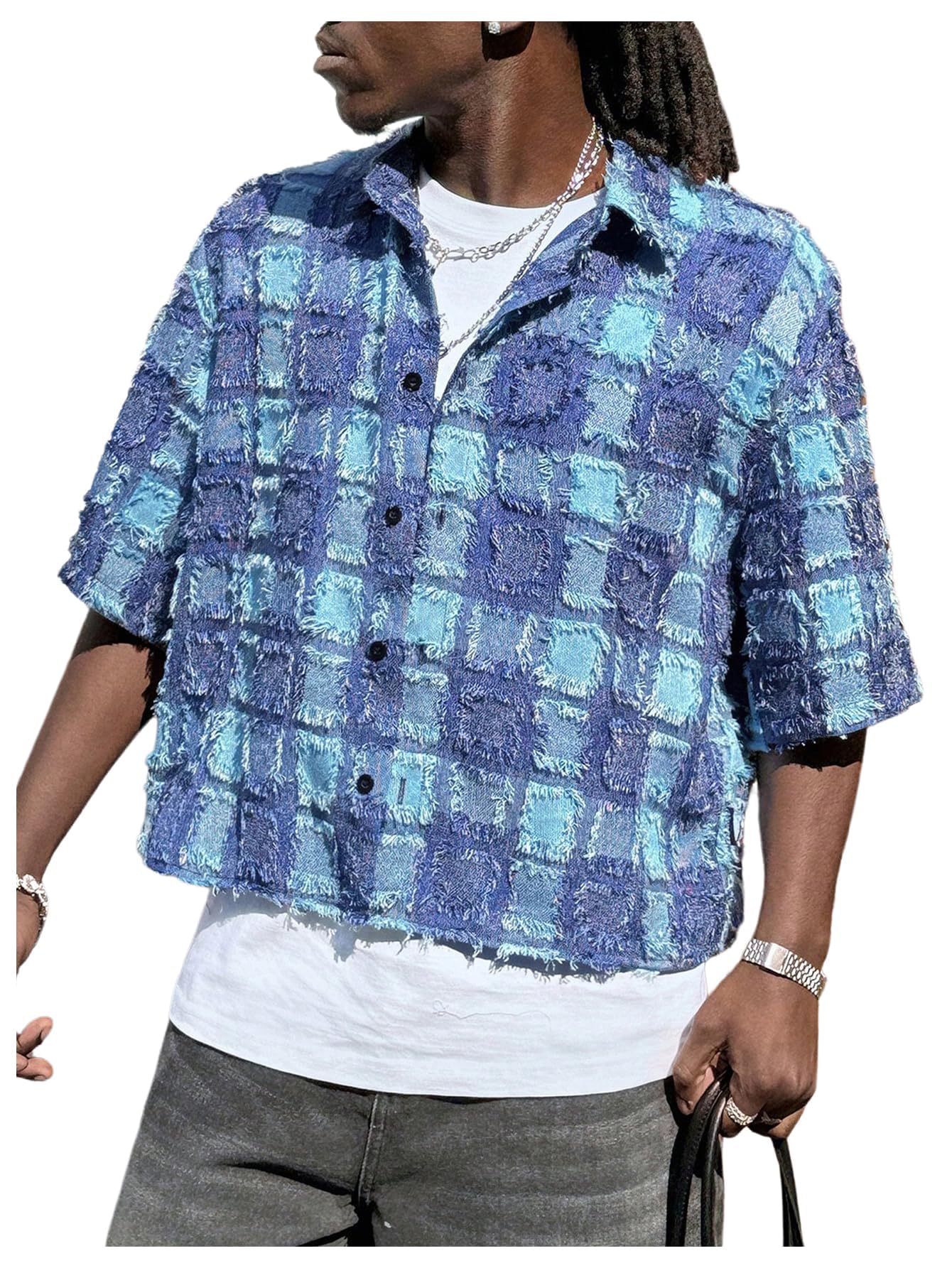 BEAUDRM Men's Cropped Button Down Shirt Y2k Gingham Short Sleeve Top Boxy Tee Shirts Summer Vocation Outfits Streetwear Blue Small