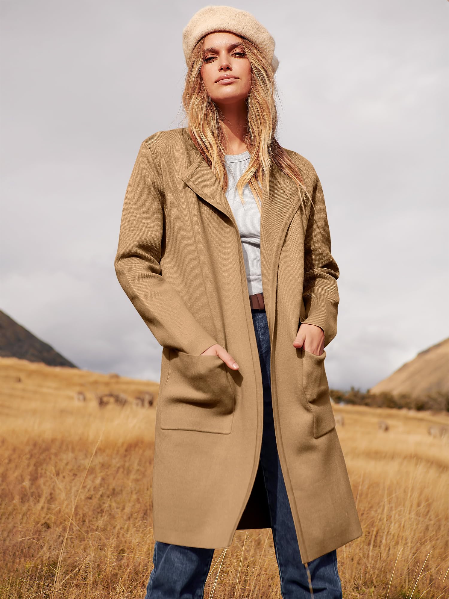 ANRABESS Womens Cardigan Sweater Open Front Knit Long Coatigan Dressy Casual Jacket Coat 2025 Fall Outfits Classy Clothes Light Brown Small