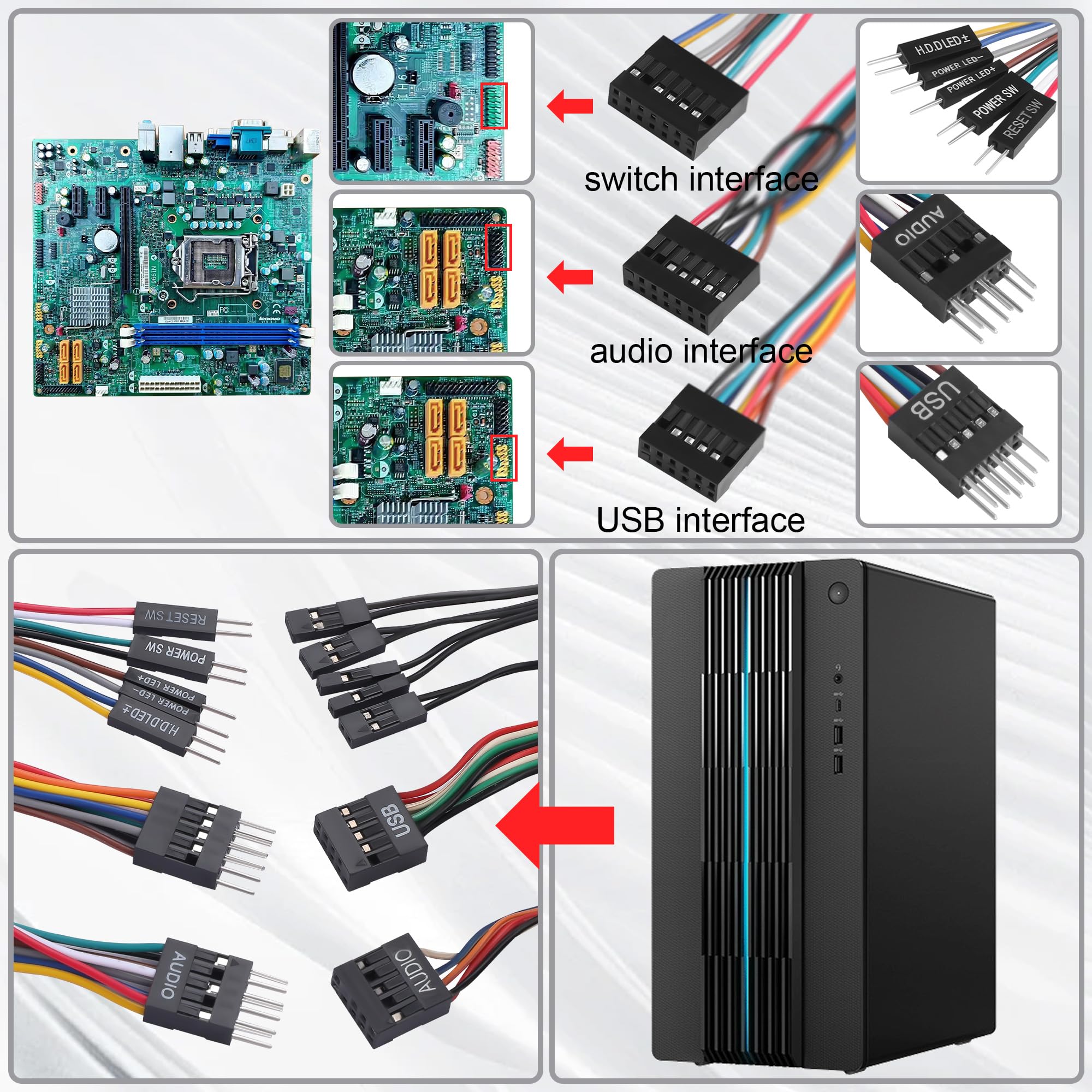 ELFJMZP Motherboard Front Panel Adapter Kit: Power Switch/USB 2.0/Audio Connector for Business Desktop Mainboards (Qitian/Yangtian/ThinkCentre-Compatible) to Standard ATX Case