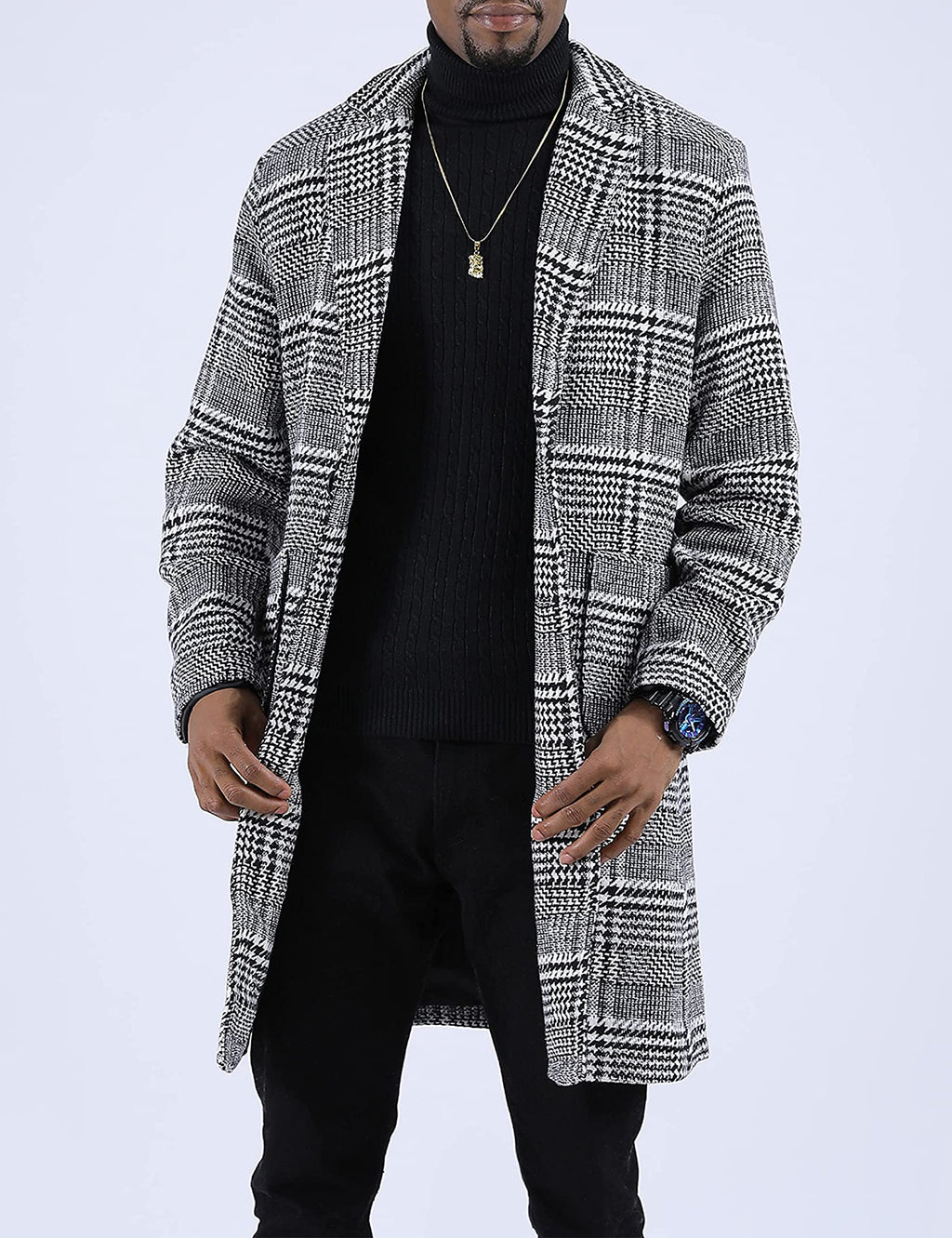 Springrain Men's Wool Blend Pea Coat Notched Collar Single Breasted Overcoat Warm Winter Trench Coat(BlackandWhite-S)