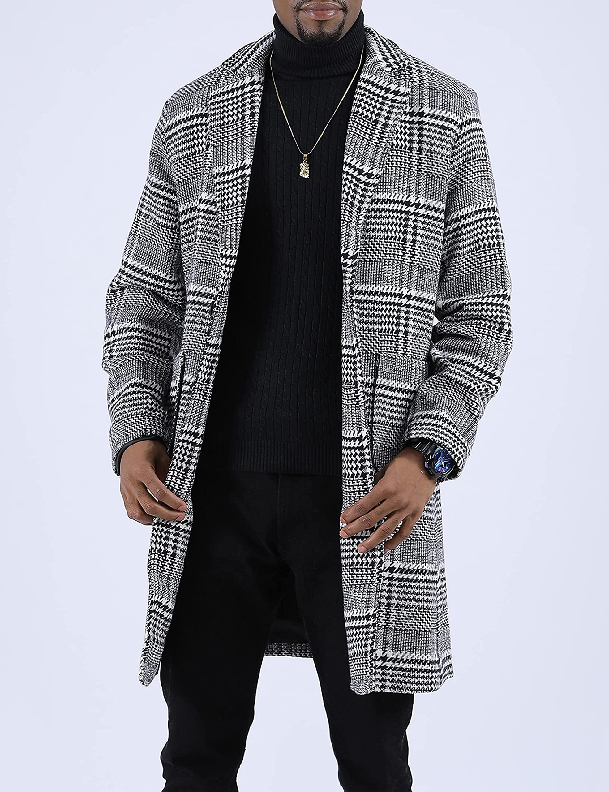 Springrain Men's Wool Blend Pea Coat Notched Collar Single Breasted Overcoat Warm Winter Trench Coat(BlackandWhite-S)