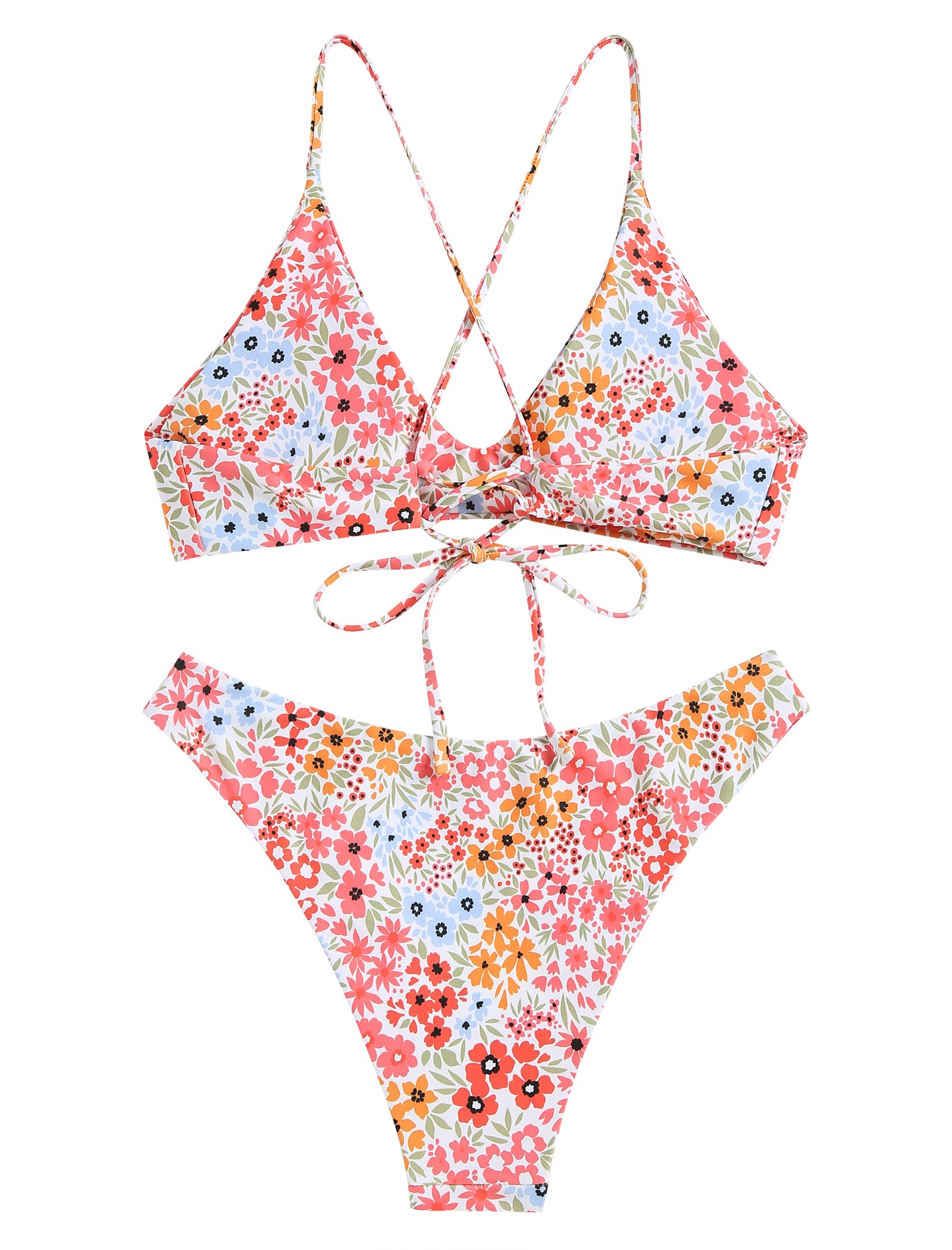 ZAFUL Women's Tie Back Padded High Cut Bralette Bikini Set Two Piece Swimsuit (1-Floral Orange Pink, S)