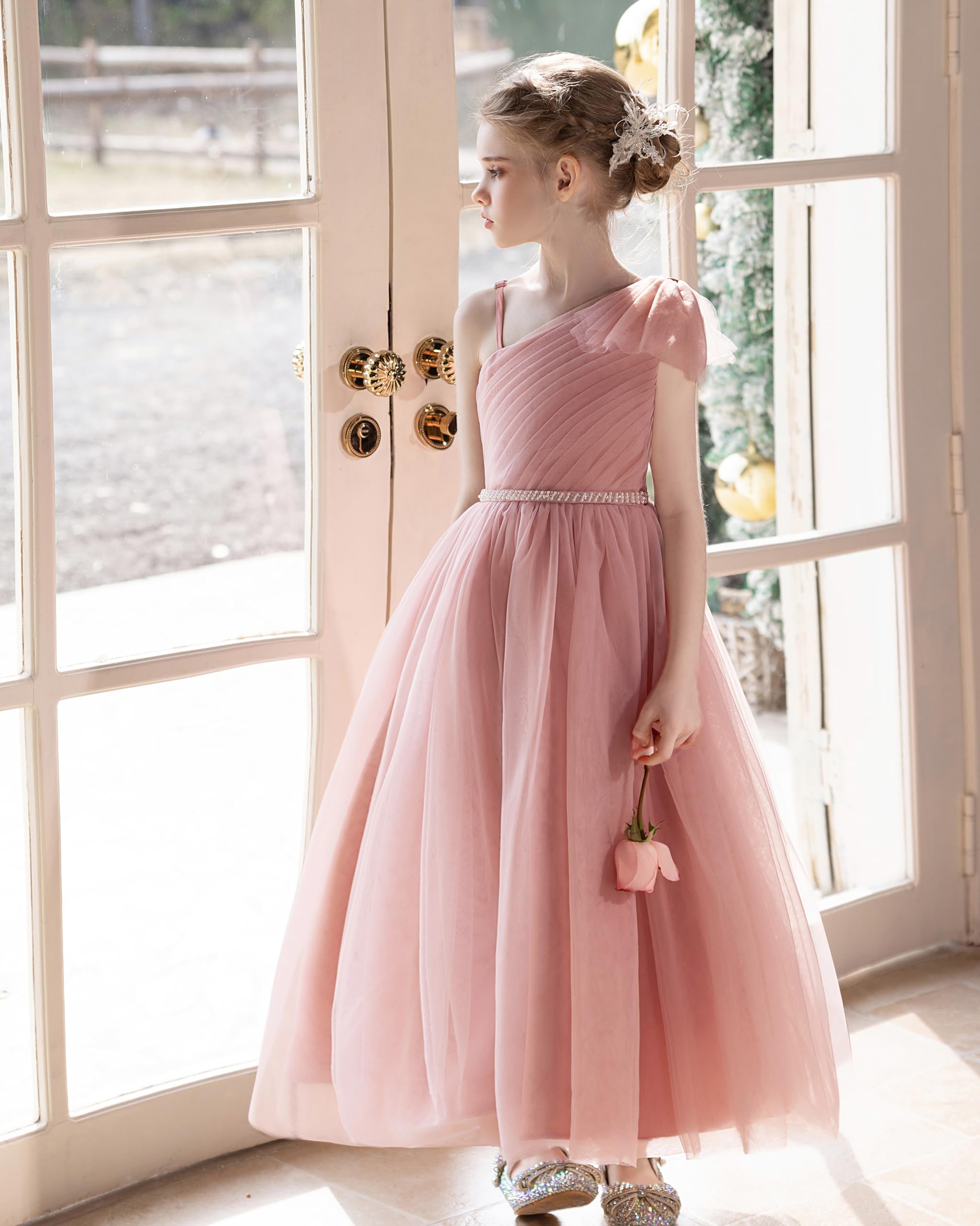 GetWish Tulle Flower Girls Dress One Shoulder Formal Princess Wedding Pageant Birthday Party Holiday Ball Gown Dresses
