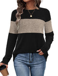 WIHOLL Womens Sweaters Fall Clothes Fashion 2025 Work Blouses Dressy Casual Long Sleeve Shirts Color Block Womens Tops Old Money Clothes Anthropologie Khaki XL