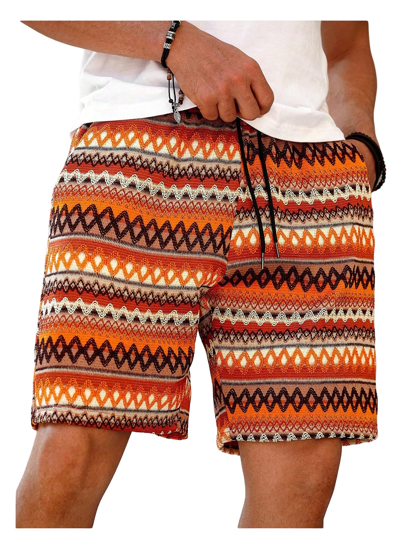WDIRARA Men's Geometric Print Drawstring Waist Bermuda Shorts Boho Summer Beach Shorts with Pockets Multicolor X-Large