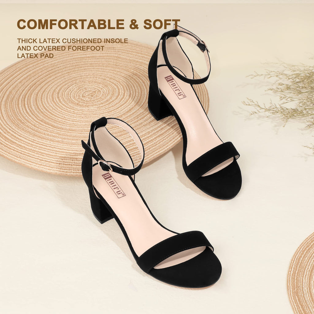 IDIFU Women's Cookie-LO Low Block Heels Chunky Sandals Ankle Strap Wedding Dress Pump Shoes(Black Nubuck, 8.5)