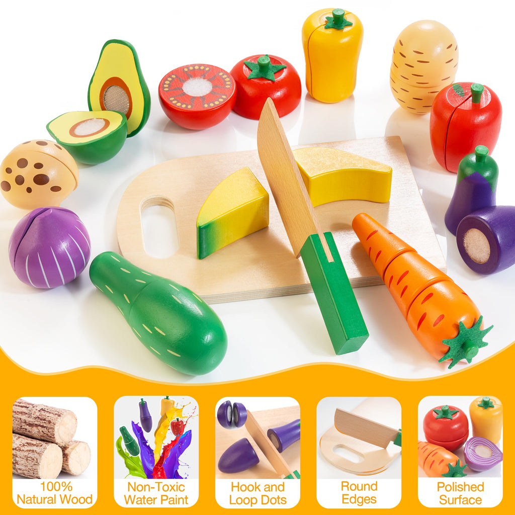 Wooden Play Food Set for Kids Kitchen | Cutting Veggies & Fruits Toy Food Set with Storage Case & Bag, Play Kitchen Accessories, Pretend Play Food for Toddlers 3+
