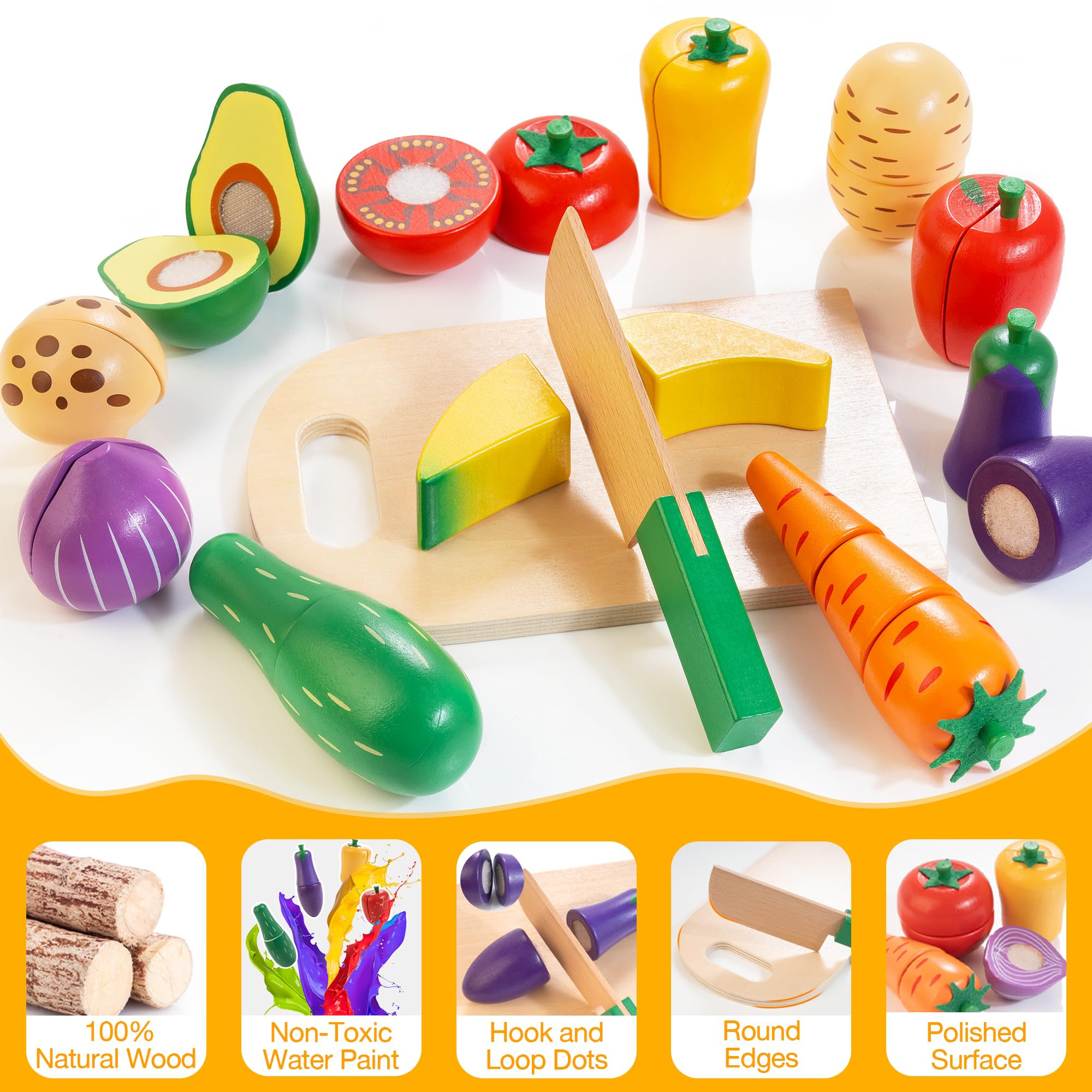 Wooden Play Food Set for Kids Kitchen | Cutting Veggies & Fruits Toy Food Set with Storage Case & Bag, Play Kitchen Accessories, Pretend Play Food for Toddlers 3+