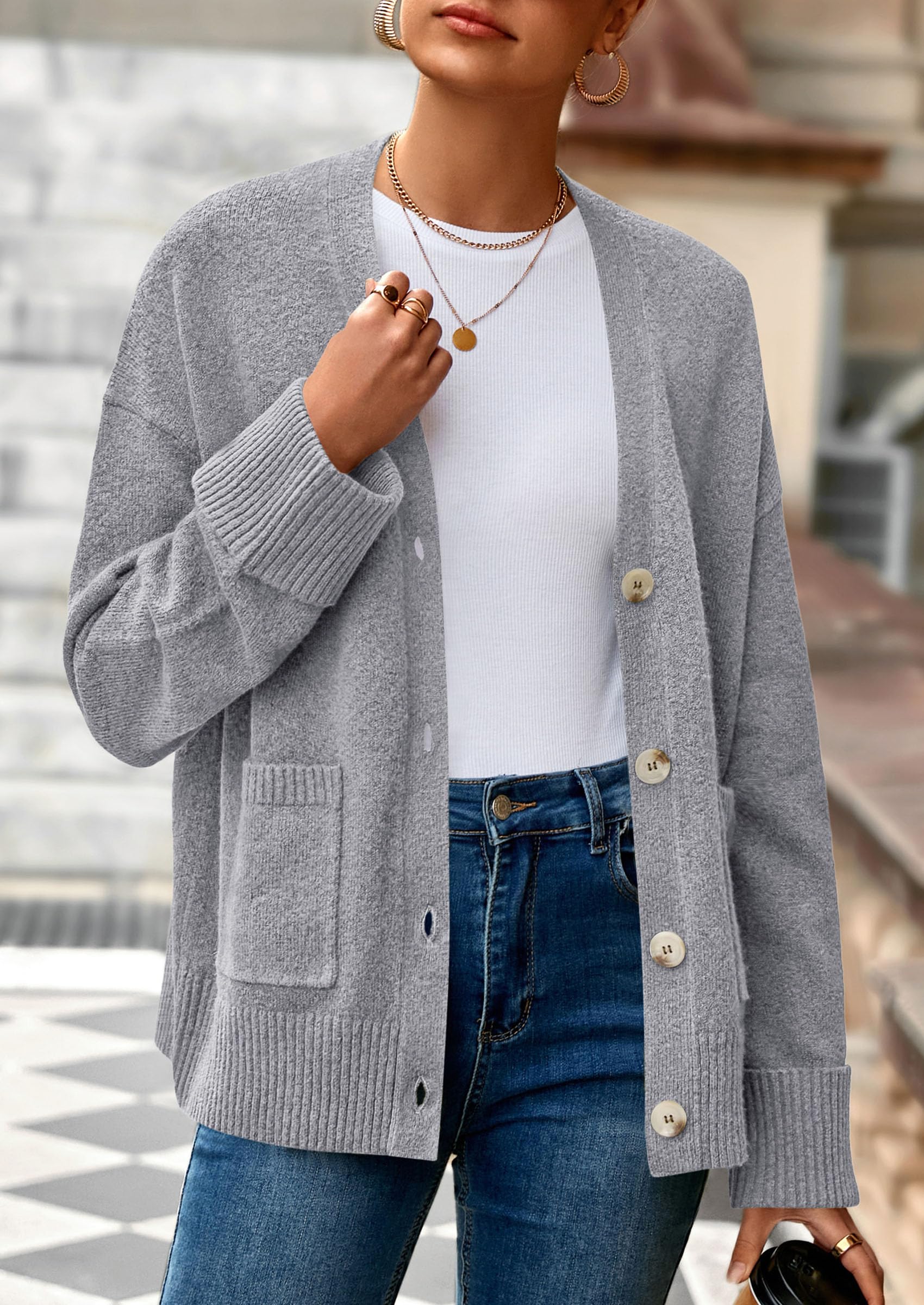 PRETTYGARDEN Women's 2026 Oversized Cardigan Sweaters Trendy Chunky Knit Long Sleeve V Neck Button Down Fall Winter Outfits (Grey,Small)