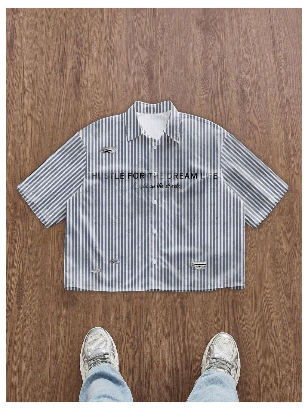 GORGLITTER Men's Letter Graphic Striped Cropped Button Down Shirts Ripped Short Sleeve Y2k Tops Casual Streetwear White and Grey Small