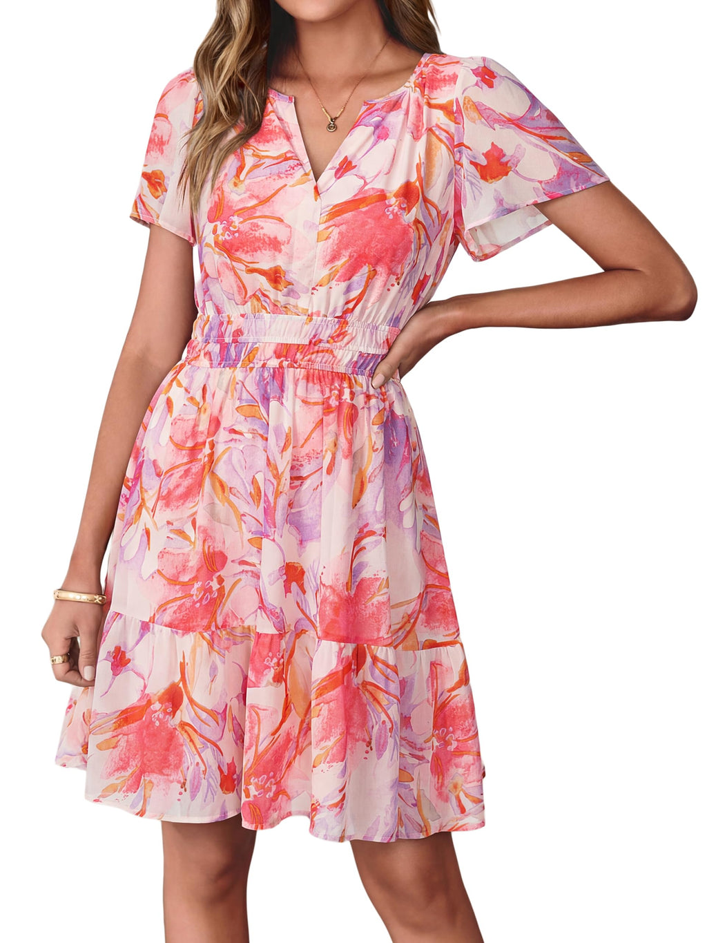 Simplee Women 2026 Floral Summer Short Dress Short Sleeves V Neck Chiffon A-Line Casual Flowy Boho Mini Dresses Pink Purple Floral L