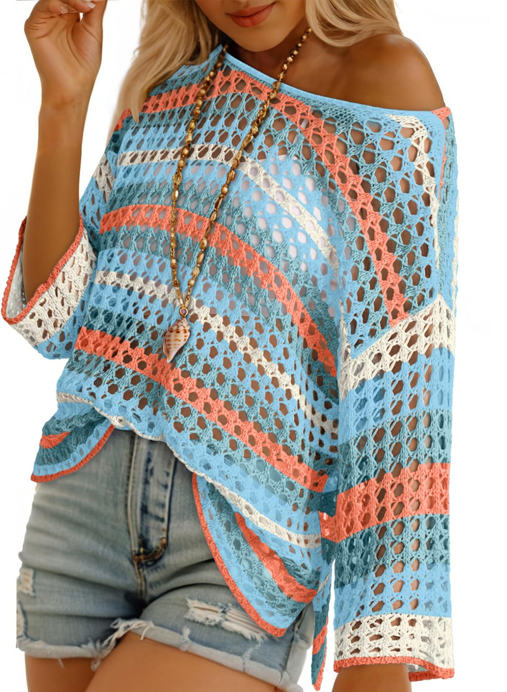 Dokotoo Womens Summer 3/4 Sleeve Knit Sweaters Crochet Tops for Women Cute Lightweight Casual Boho Color Block Striped Beach Vacation Clothes Fashion Hollow Out Cruise Outfits Moonlight Jade Large