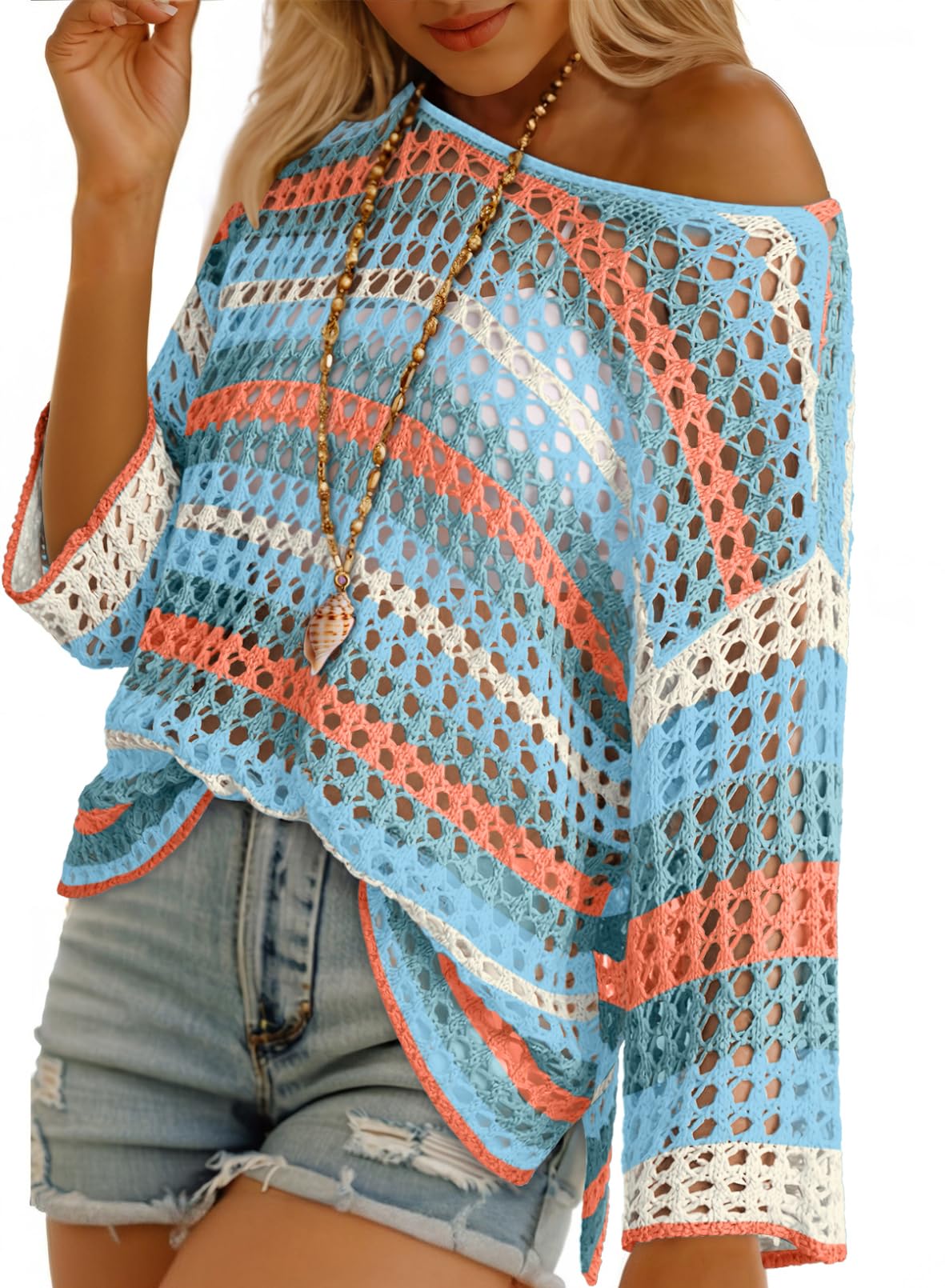 Dokotoo Womens Summer 3/4 Sleeve Knit Sweaters Crochet Tops for Women Cute Lightweight Casual Boho Color Block Striped Beach Vacation Clothes Fashion Hollow Out Cruise Outfits Moonlight Jade Large