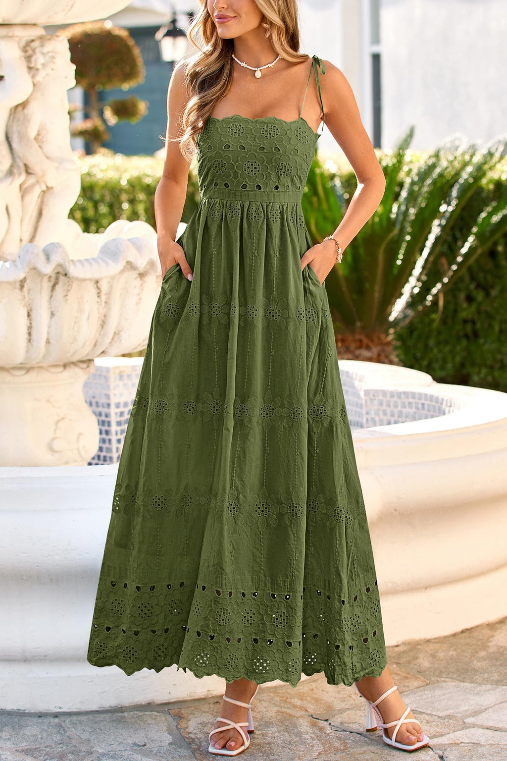 dowerme Womens Summer Maxi Dresses 2026 Casual Spaghetti Strap Smocked Eyelet Cotton Dress Long Beach Vacation Sundress(Army Green,Small)