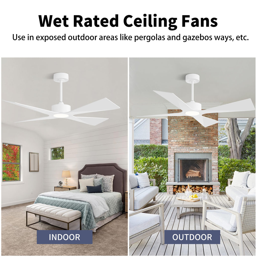 WINGBO 64" Wet Rated Outdoor Ceiling Fan with Lights, 4 ABS Plastic Blades, Reversible DC Motor, 6-Speed Remote Control, 3 CCT, Waterproof Ceiling Fan for Patio Porch Gazebo Garage, Gloss White
