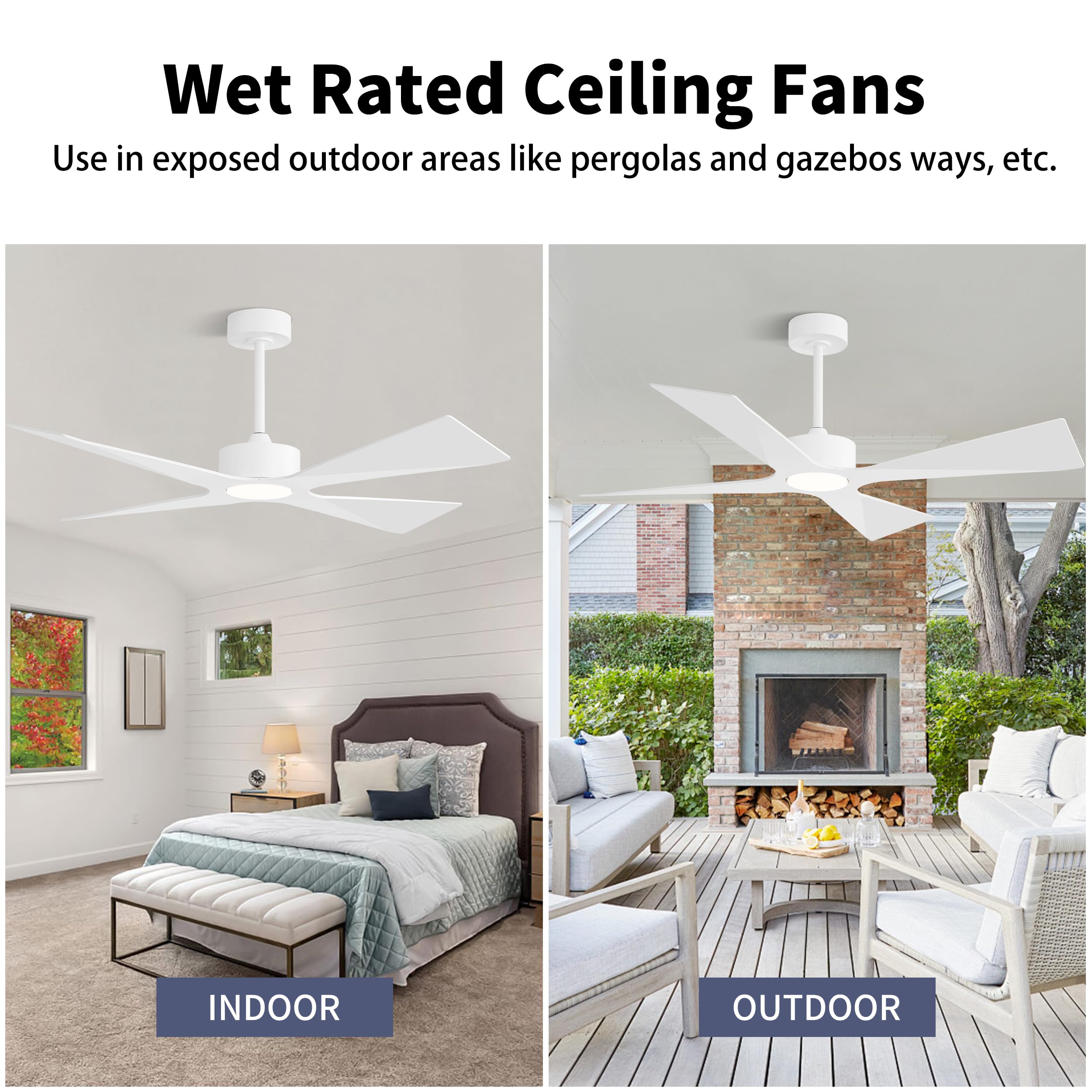 WINGBO 64" Wet Rated Outdoor Ceiling Fan with Lights, 4 ABS Plastic Blades, Reversible DC Motor, 6-Speed Remote Control, 3 CCT, Waterproof Ceiling Fan for Patio Porch Gazebo Garage, Gloss White