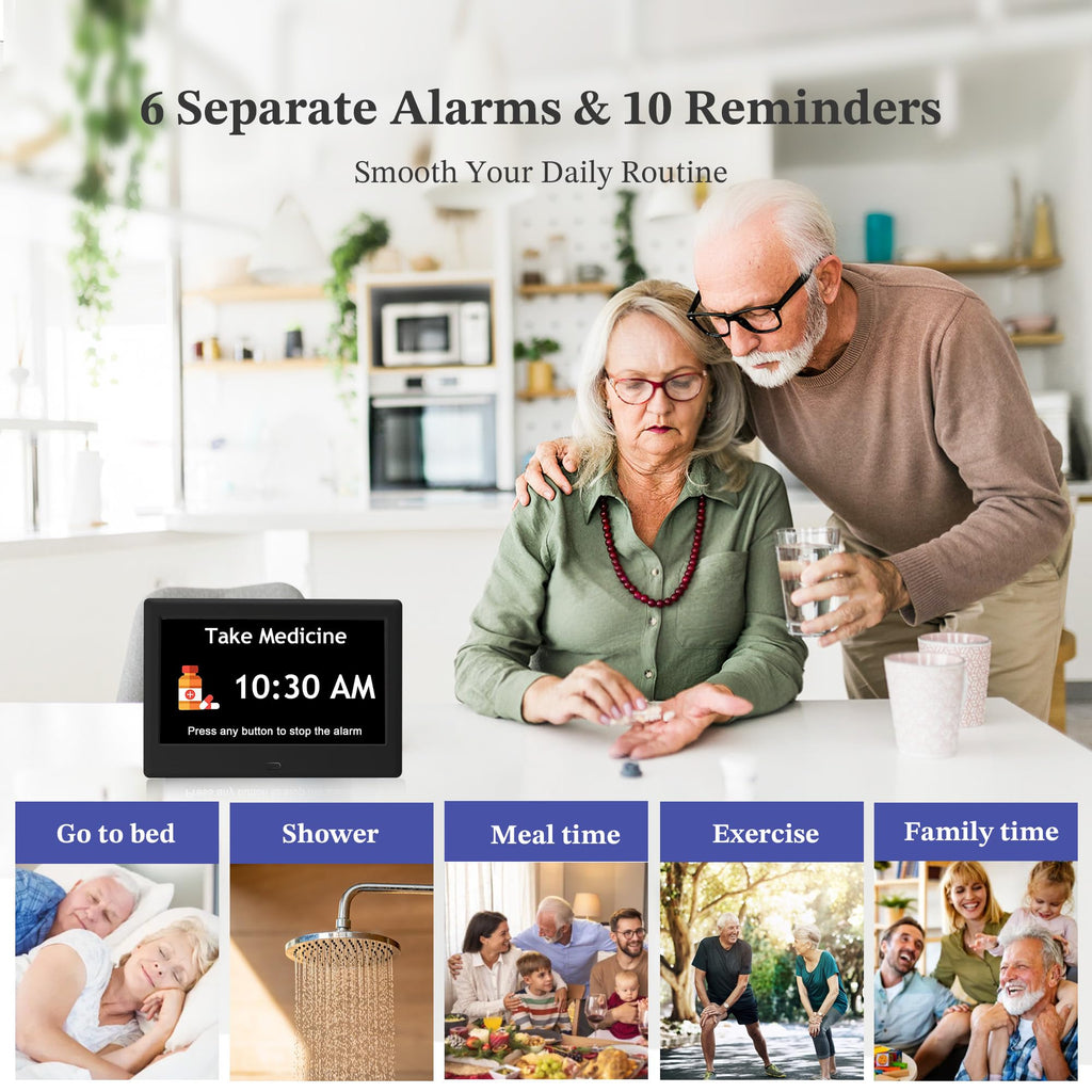 7'' Dementia Clock For Seniors, Large Display Digital Clock With Date, Time, Day Of Week for Elderly, Memory Loss, Alzheimer, 1024*600P HD, 10 Reminders & 6 Alarms, Auto Dimming & DST, Remote Control