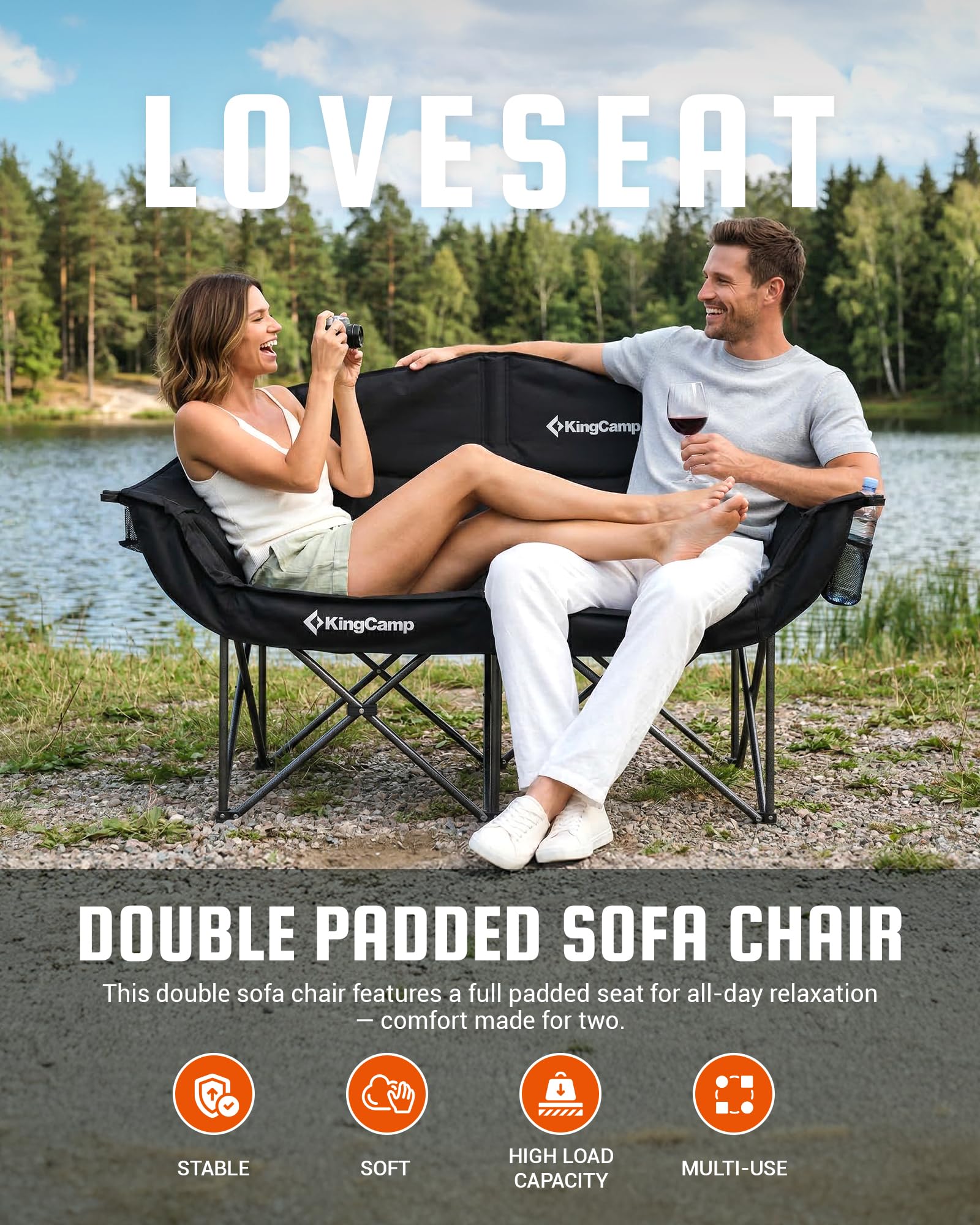 KingCamp Double Camping Chair, Oversized Heavy Duty 660lbs Loveseat for Adults Portable Folding XL 2 Person Couch Padded Comfortable Two Seat with Cup Holder for Outdoor Lawn Backyard, Black