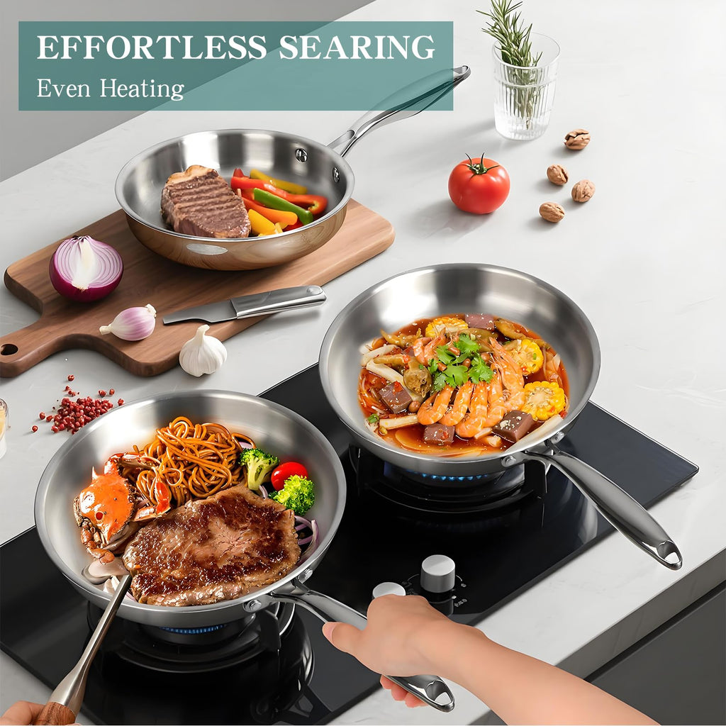 EWFEN Pots and Pans Set, 3 Ply 11 Piece Stainless Steel Cookware Set, Oven Dishwasher Safe | Induction Compatible Frying Pans, Saucepans, Saute Pan & Stock Pot, PFOA Free Kitchen Skillet