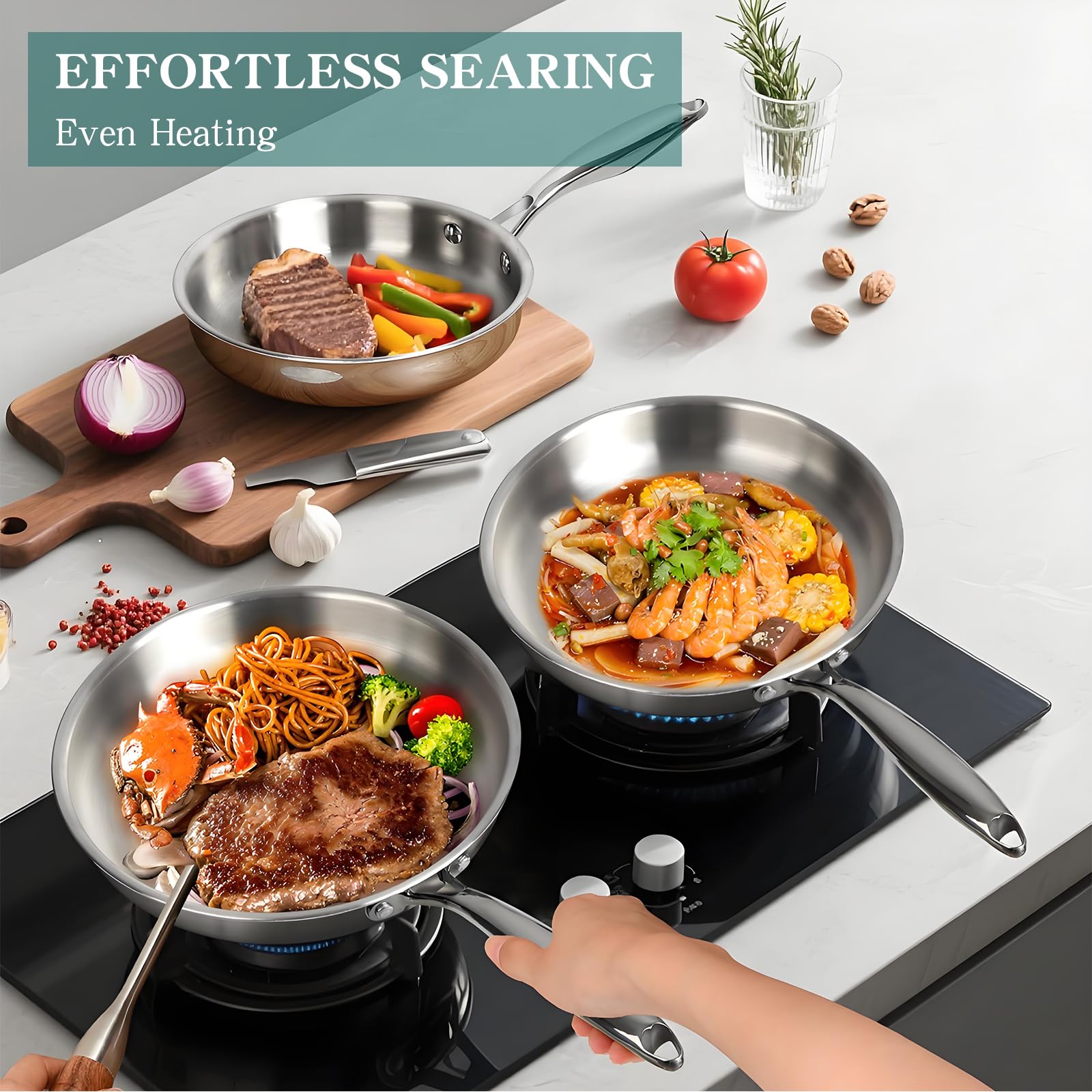 EWFEN Pots and Pans Set, 3 Ply 11 Piece Stainless Steel Cookware Set, Oven Dishwasher Safe | Induction Compatible Frying Pans, Saucepans, Saute Pan & Stock Pot, PFOA Free Kitchen Skillet