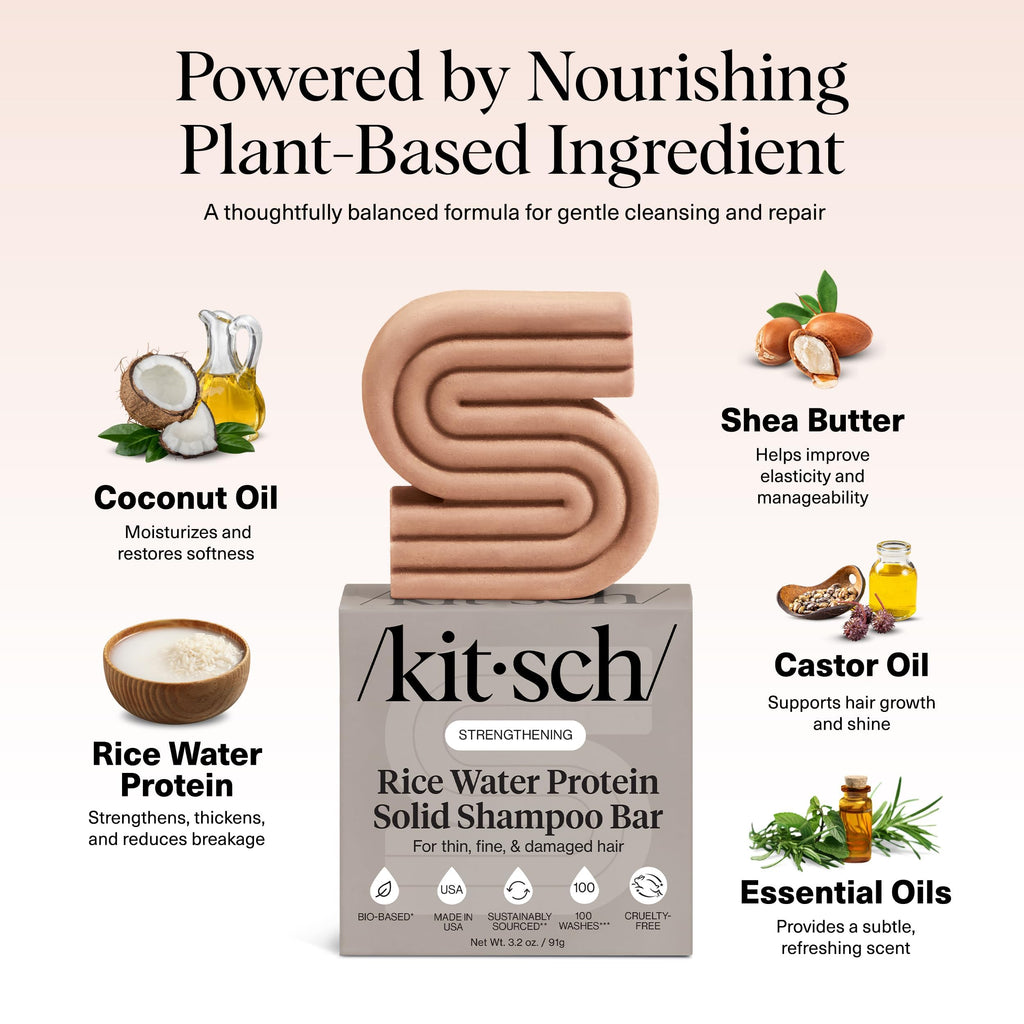 Kitsch Rice Water Shampoo Bar for Hair Growth – Strengthening Hair Shampoo for Men and Women – Reduce Breakage, Boosts Shine – Paraben, Silicone & Sulfate-Free, Vegan Hair Care - 3.2 oz