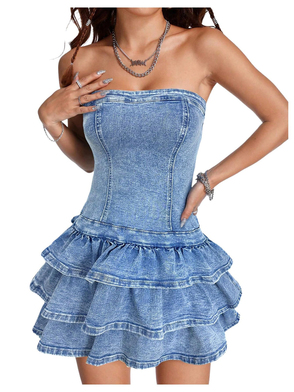 WDIRARA Women's Strapless Layered Ruffle Denim Dress Bandeau Slim Fit Mini Dresses Light Wash X-Small