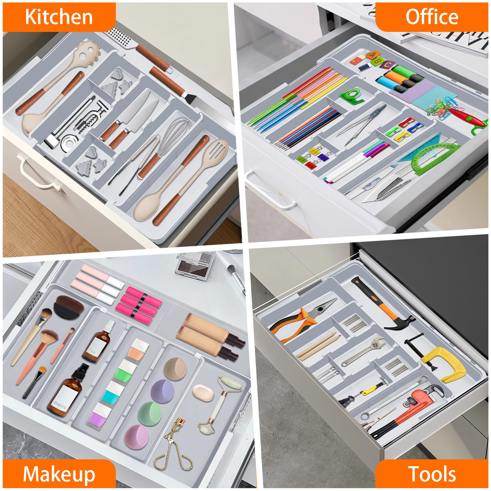 Spaclear Large Utensil Drawer Organizer Expandable Silverware Organizer for Kitchen Drawer Adjustable Cooking Utensil Holder Cutlery Flatware Tray Spatula Tools Gadgets Storage Dividers Plastic Grey