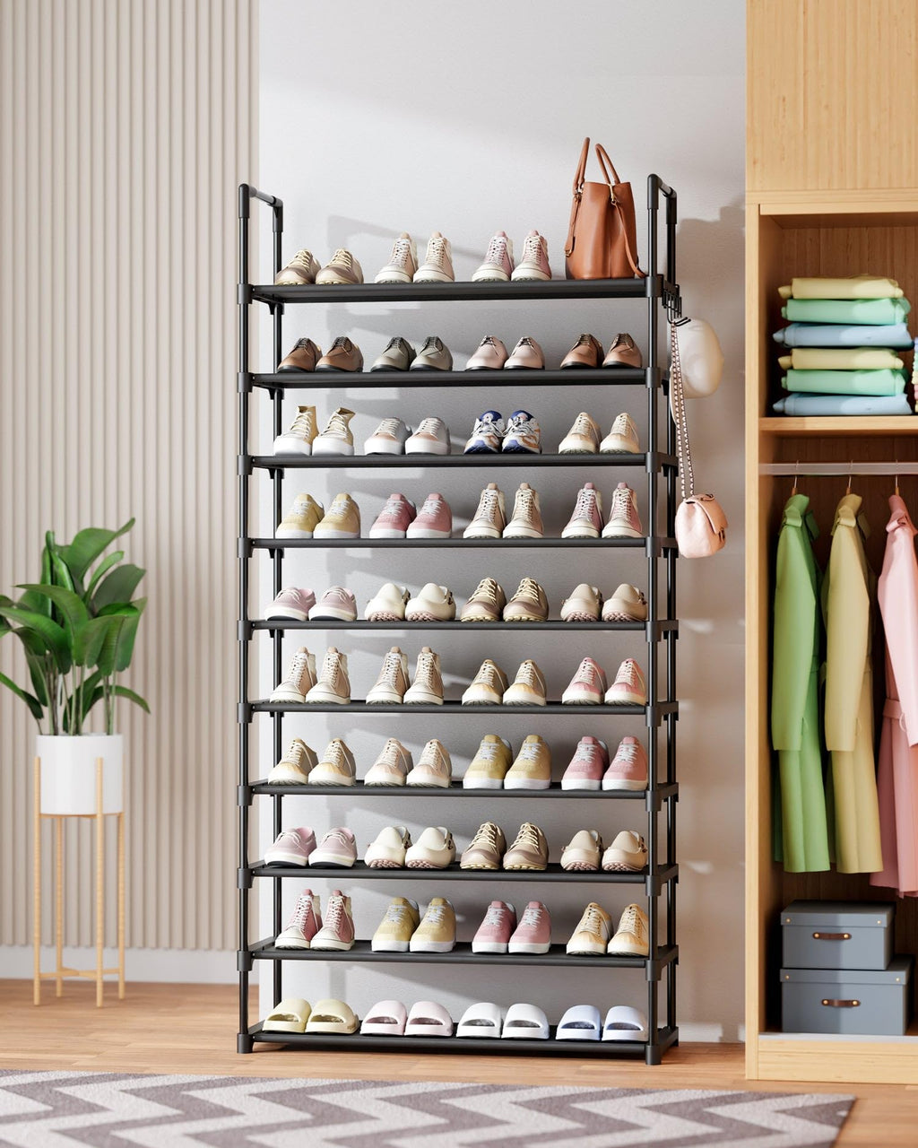 Kitsure Shoe Rack for Closet - 10-Tier Shoe Organizer with Hook Rack, Large-Capacity & Space-Saving Shoe Shelf for Entryway, Bedroom, Living Room,32.2" x 11.8" x 68.5", Black