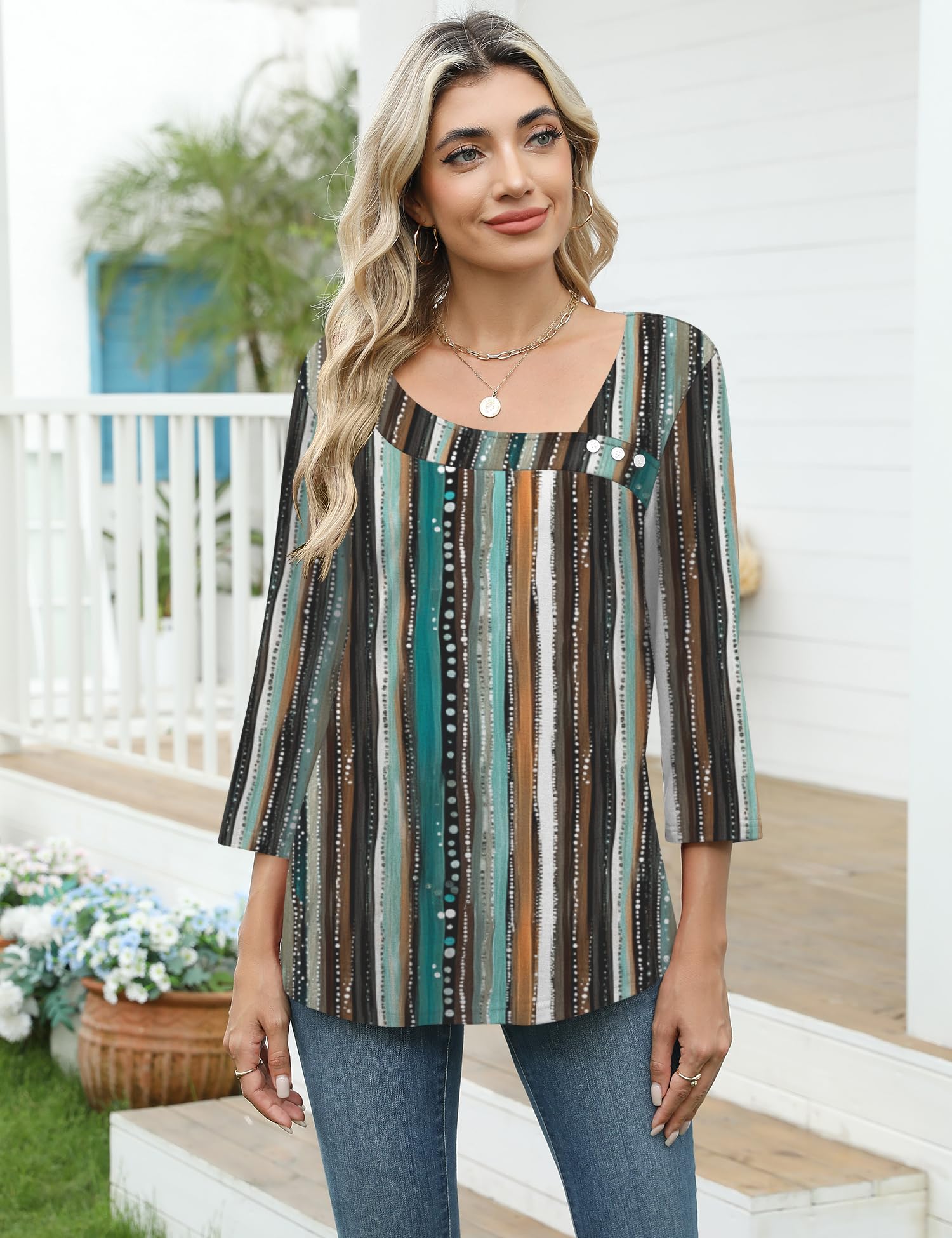 LOMON Spring Tops for Women 2026 Trendy 3/4 Length Womens T Shirts Square Neck Cotton Summer Clothes M