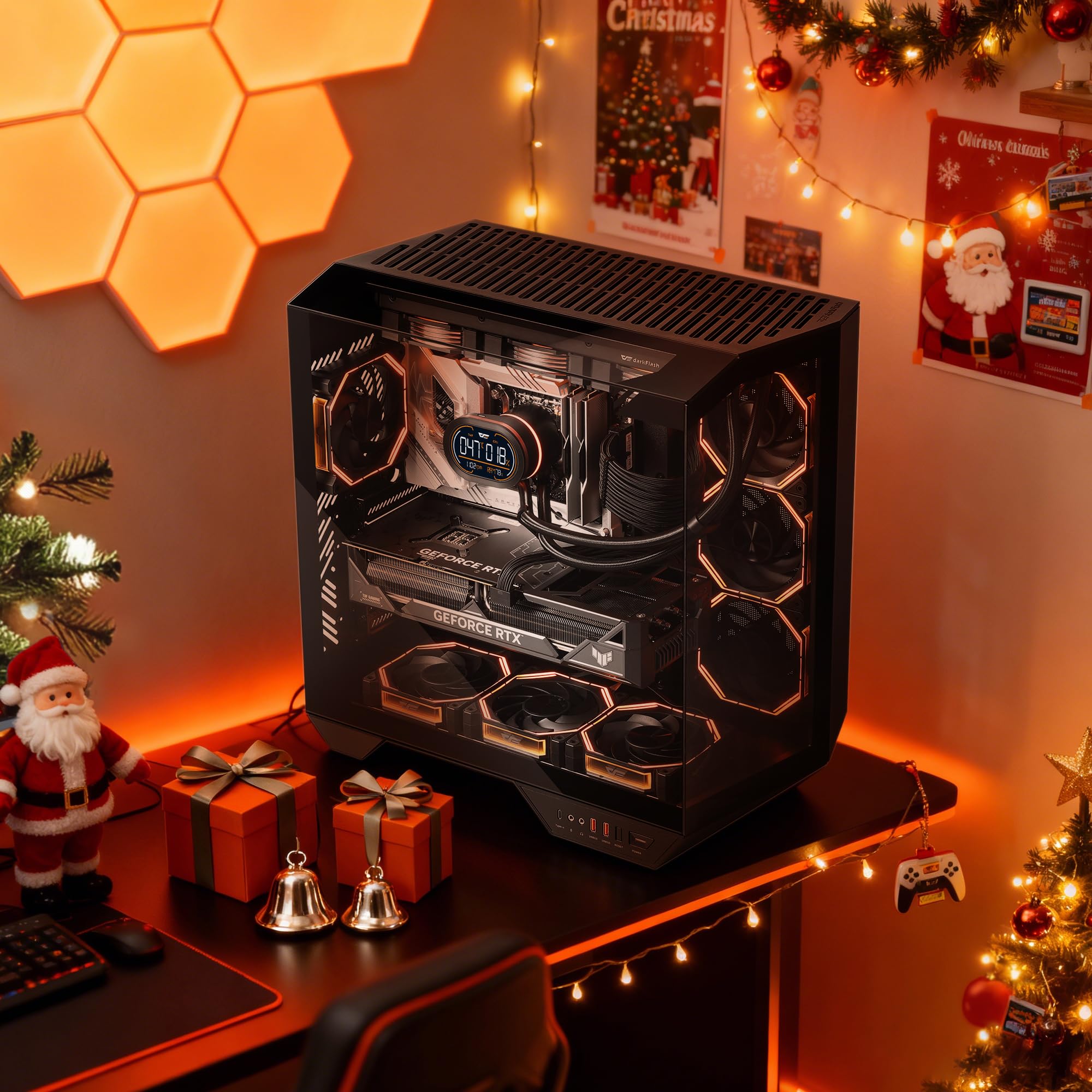 darkFlash Full-Tower ATX Gaming PC Case, Back Plug-in Motherboard, Vertical GPU Mounting, Dual-Chamber, Panoramic Glass, Up to 2 x 360mm Radiators, RTX 40 Compatible(DY470) (4 PWM ARGB Fans, Black)