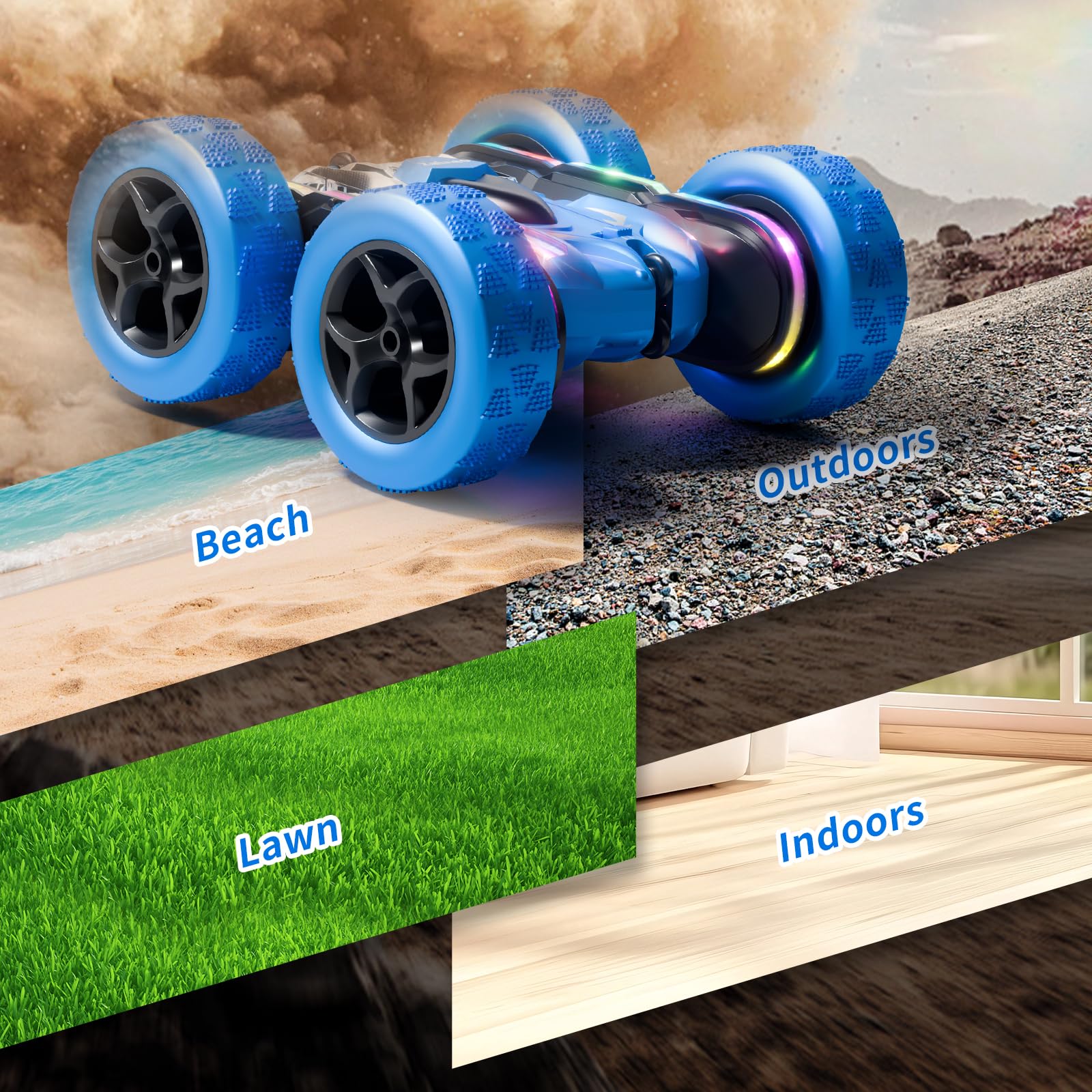 Zalneo Remote Control Stunt Car 4WD 360° Flip Double‑Sided RC Cars, LED Light Bar, USB‑C Modular Battery, 2.4 GHz Outdoor Beach Toy for Boys 6‑12 Years Old, Birthday & Christmas Kids Gift, Blue