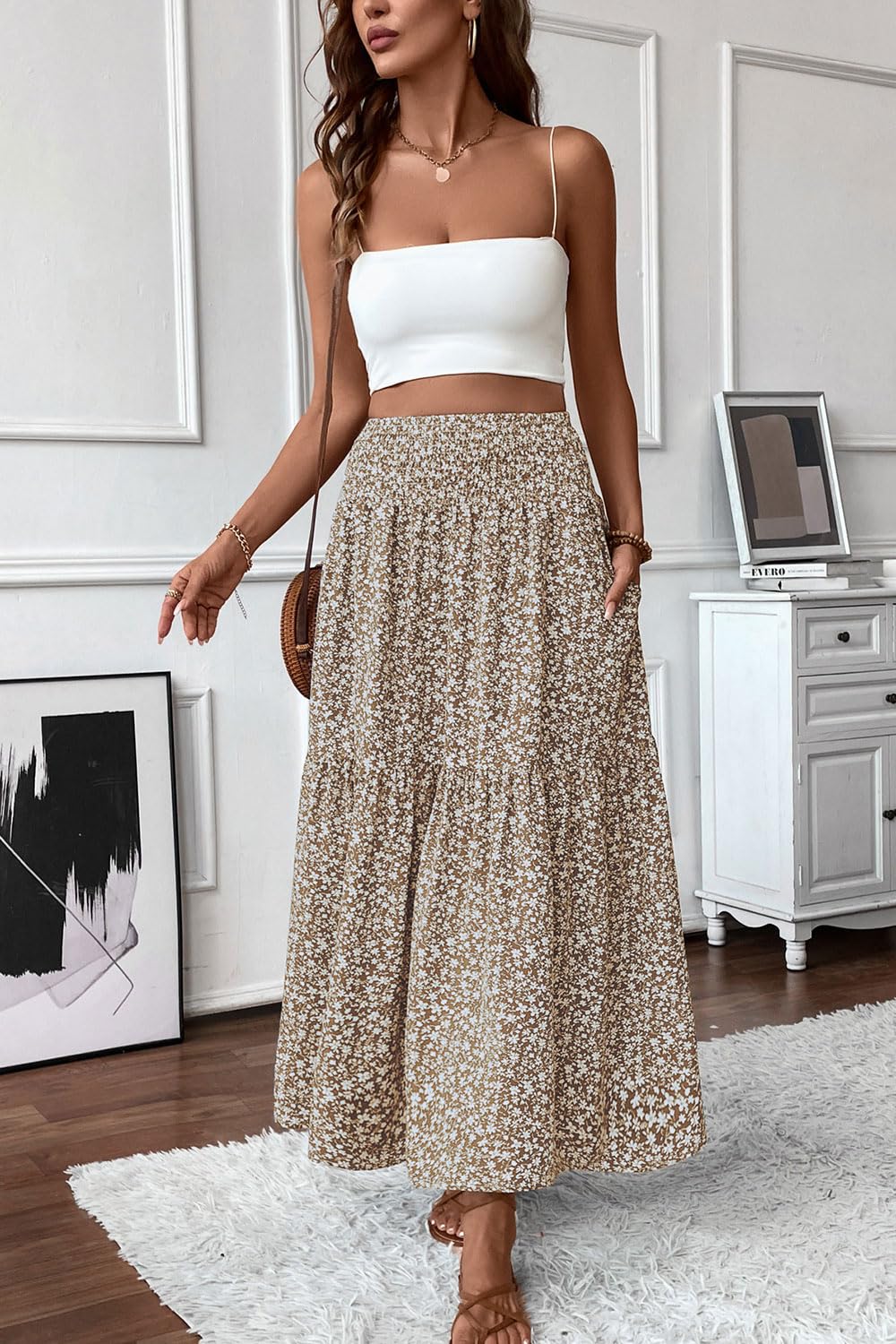 TuoGo Women's Smocked High Waist Maxi Long Skirt with Pockets (L,932-Khaki Floral)