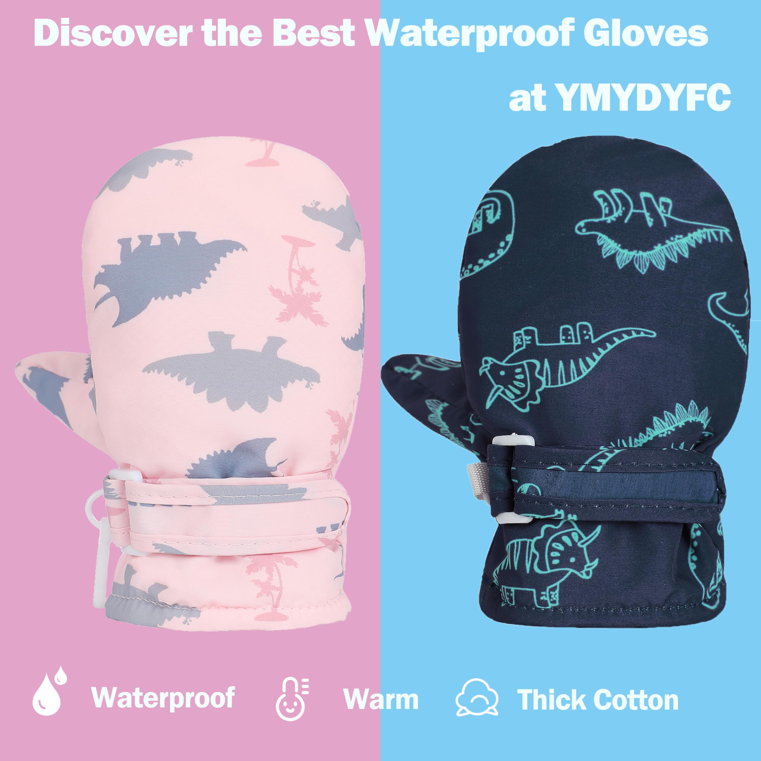 YMYDYFC Toddler Mittens Baby Waterproof Gloves Toddler Snow Gloves Kids Winter Mitten For Boy Girl Kids Ski Mitten Black Dinosaur & Gray Dinosaur M(2-4 Years)