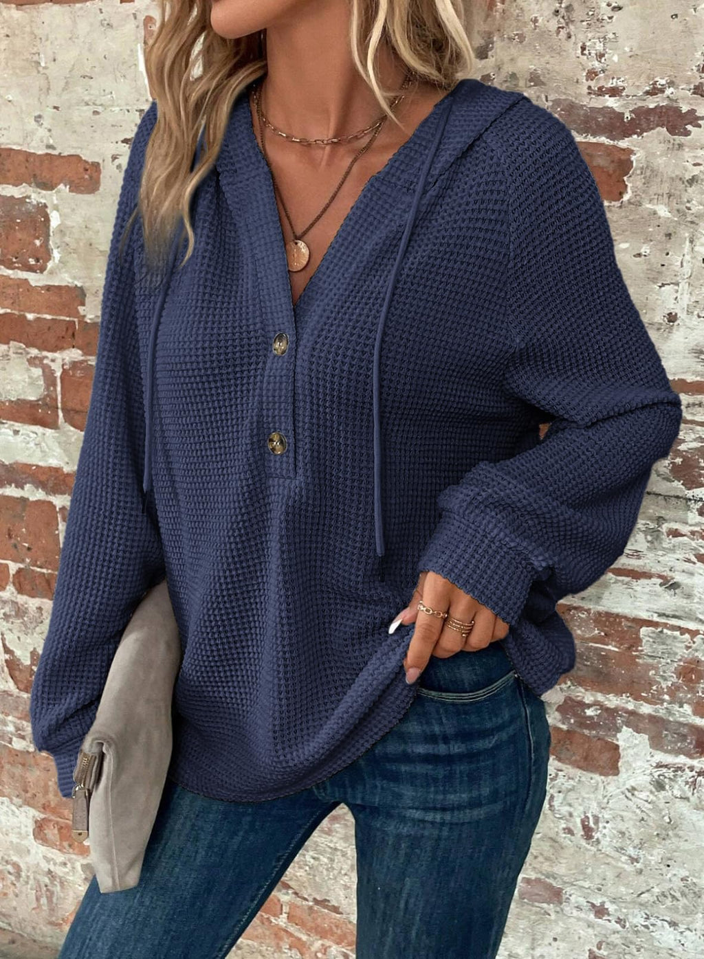 Dokotoo Women's Fashion Hoodies & Sweatshirts Winter Clothing for Women Drawstring Button V Neck Long Sleeve Oversized Waffle Knit Hooded Sweatshirt Loose Fit Cute Pullover Hoodie Tops Blue Large