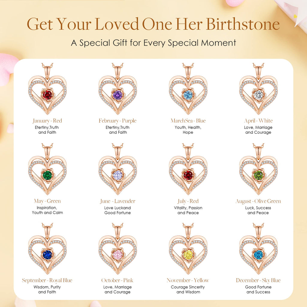 CDE Valentines Day Gifts for Women S925 Silver Rose Gold Heart Birthstone Necklaces for Women，Ideal Anniversary or Birthday Jewelry Gifts for Wife Girlfriend Her