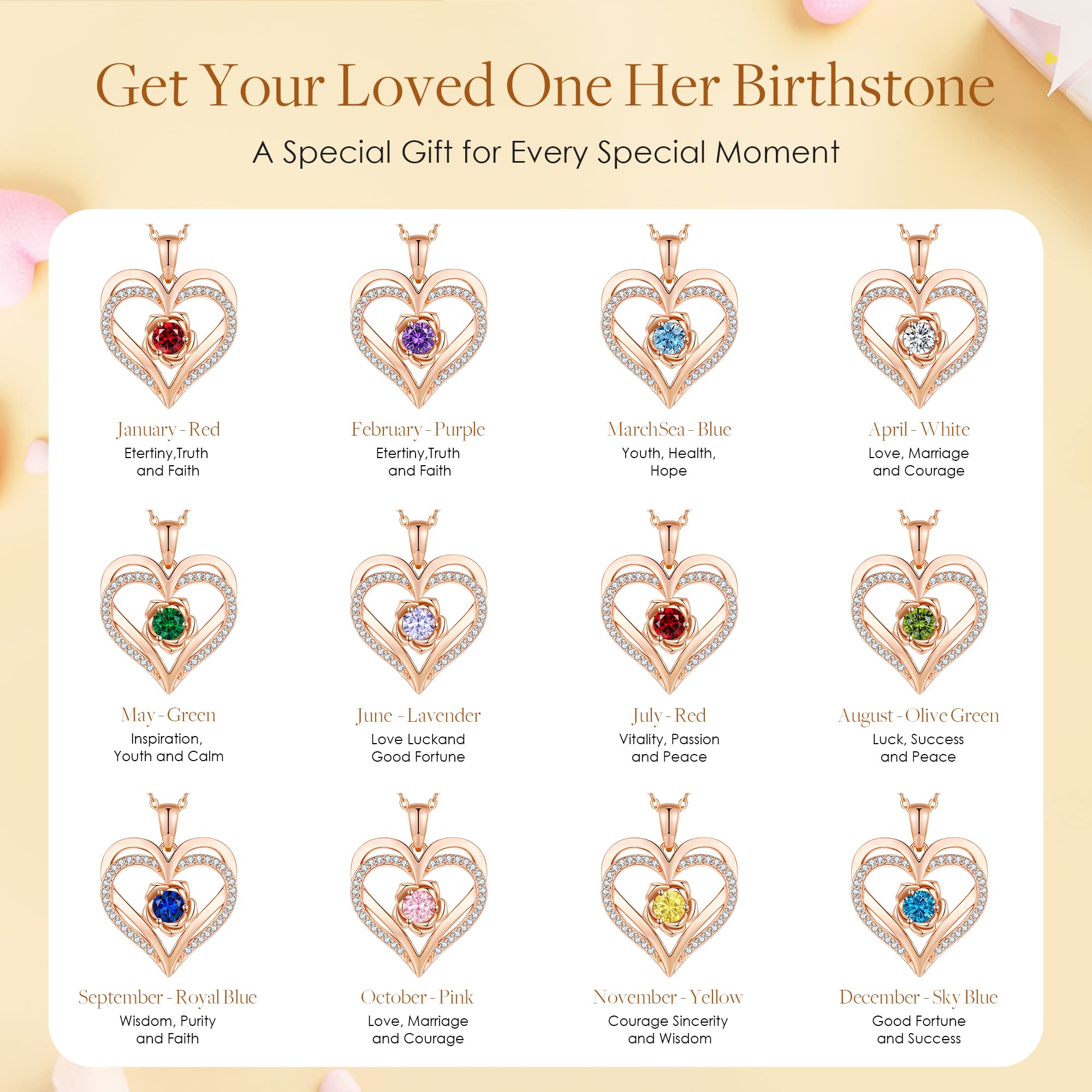 CDE Valentines Day Gifts for Women S925 Silver Rose Gold Heart Birthstone Necklaces for Women，Ideal Anniversary or Birthday Jewelry Gifts for Wife Girlfriend Her