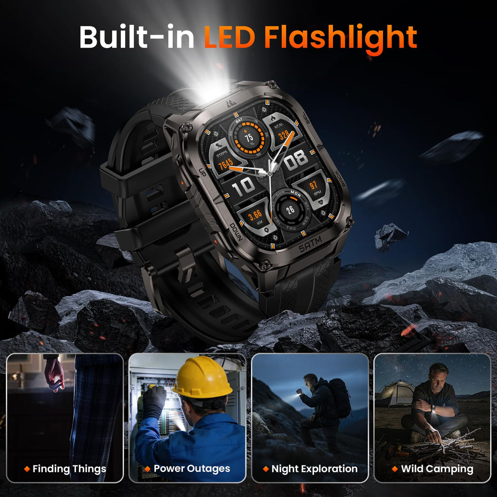 KOSPET Tank M4C Outdoor Smart Watch with GPS, 1.96" AMOLED Display, Built-in LED Flashlight & Walkie-Talkie, Long Battery Life, 50m Waterproof, Bluetooth Calls, 24/7 Heart Rate/Sleep Monitor