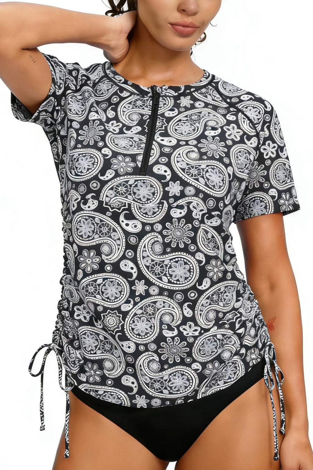 Halcurt Women's Half Zip Short Sleeve Rash Guard Swim Shirt with Tie Drawstring UPF50+ Swimsuit Top Black Paisley S