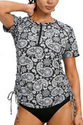 Halcurt Women's Half Zip Short Sleeve Rash Guard Swim Shirt with Tie Drawstring UPF50+ Swimsuit Top Black Paisley S