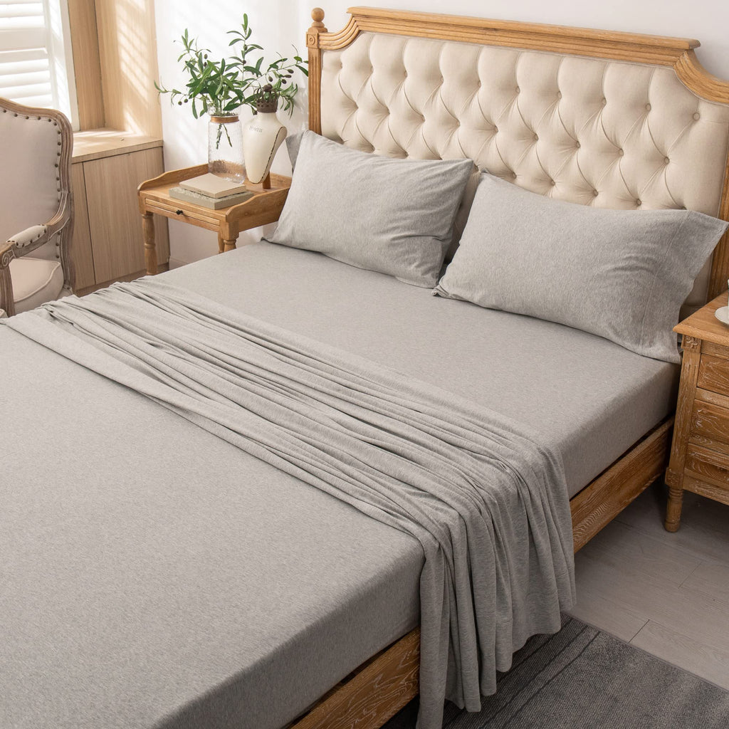 PURE ERA Jersey Knit 4pc Bed Sheet Set 100% T-Shirt Heather Cotton Super Soft Comfy Breathable Fits Mattress Up to 20" Extra Deep Pocket (Heather Light Grey, Cal King)