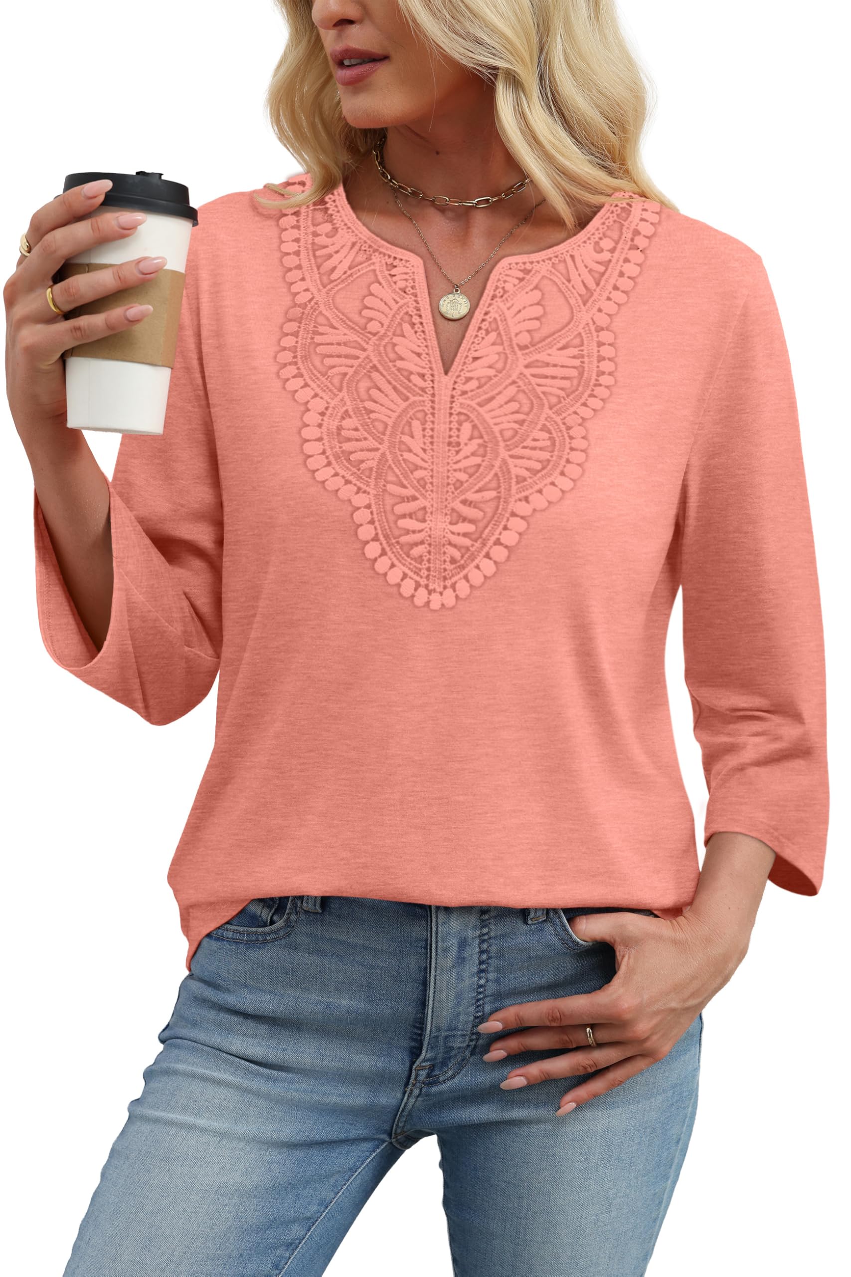 WIHOLL Womens Tops Dressy Casual 3/4 Sleeve T Shirts for Women Tops for Women Trendy Blouses Beach Vacation Clothes Resort Wear Spring Summer Outfits Plus Size Valentine Coral XL