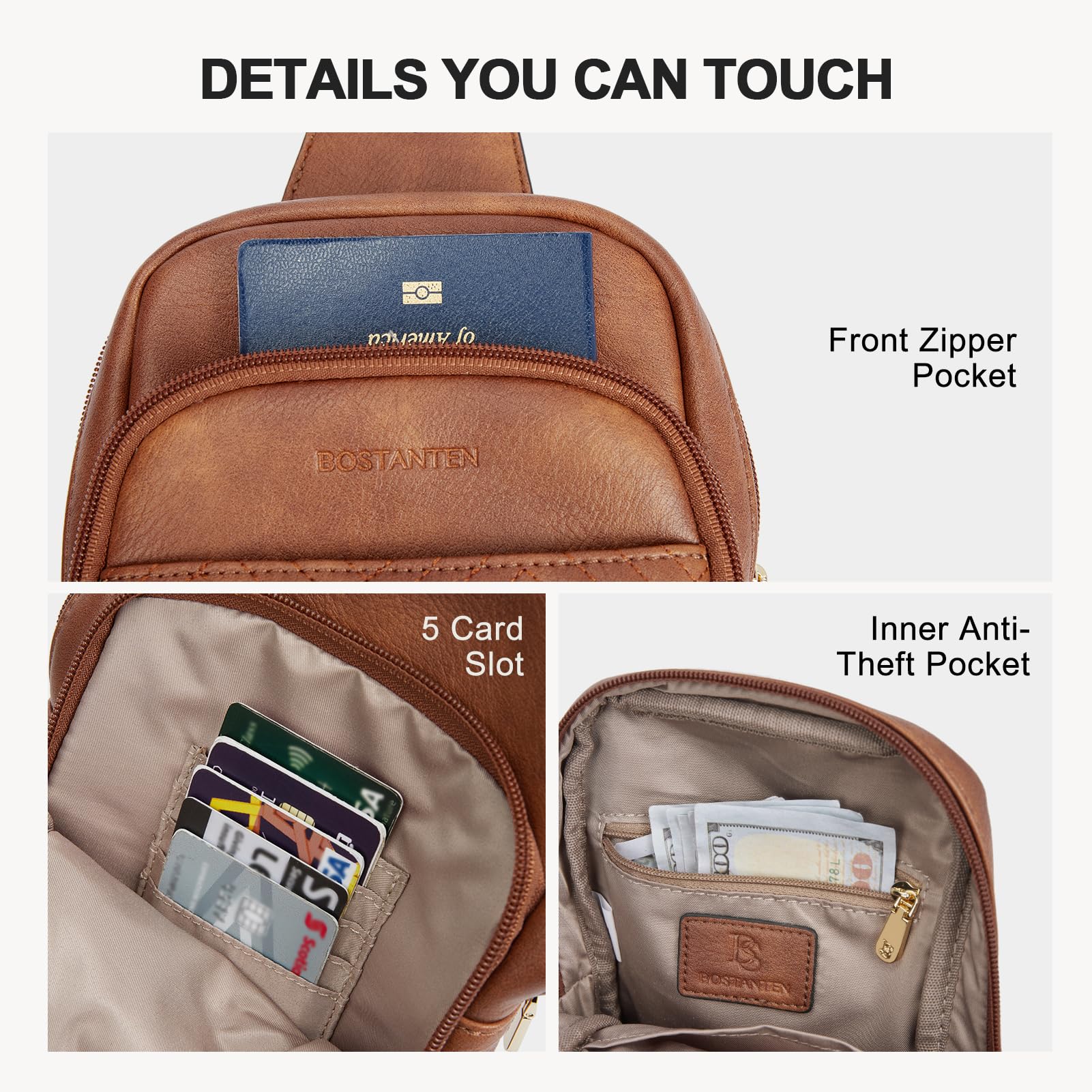 BOSTANTEN Sling Bag Quilted Crossbody Bags for Women Cross Body Purse PU Leather Fanny Pack with Adjustable Guitar Strap