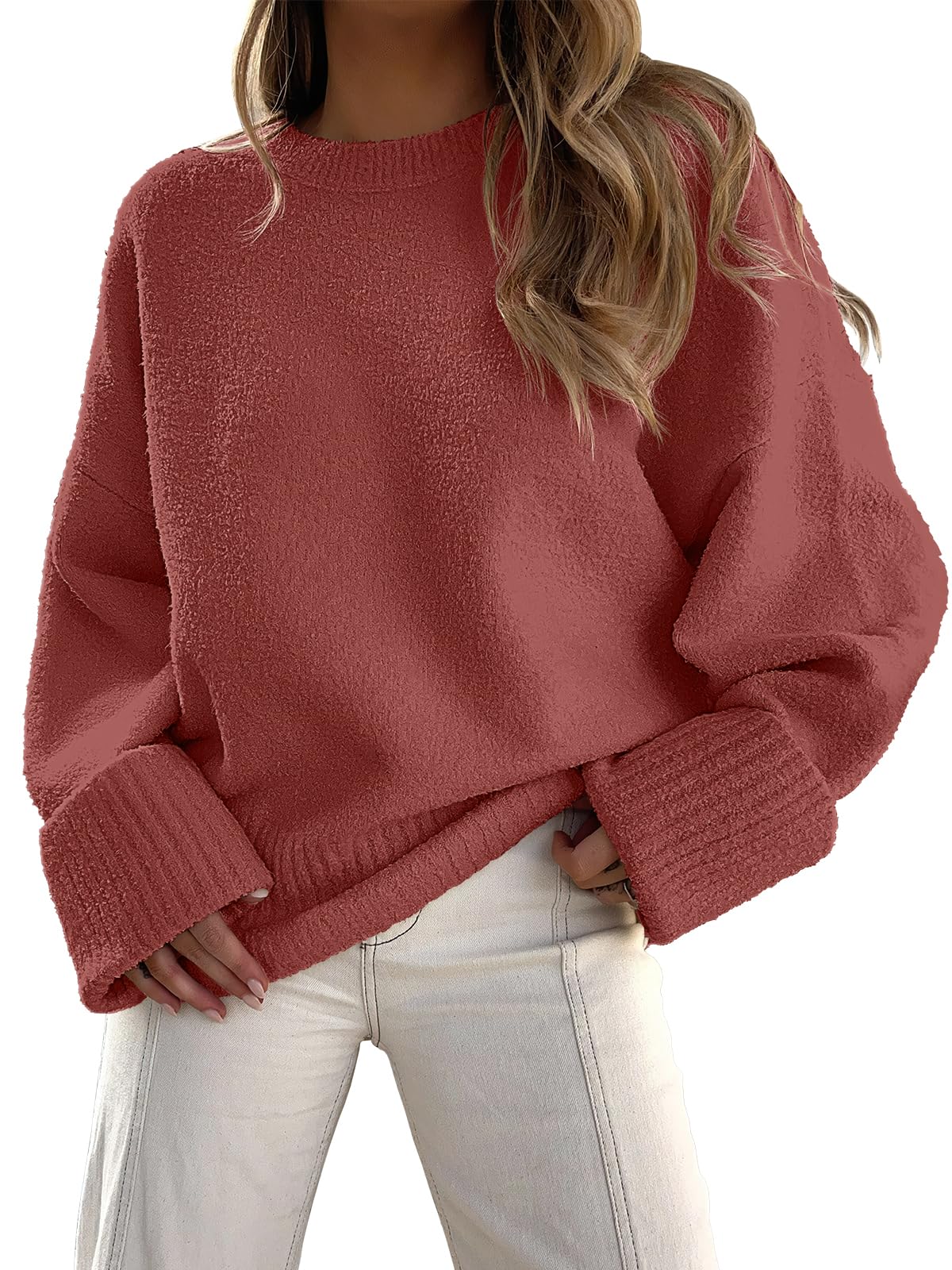 ANRABESS Women's Oversized Sweaters 2025 Long Sleeve Fuzzy Knit Casual Chunky Pullover Sweater Fall Outfits Clothes Rust - Birck Red Small