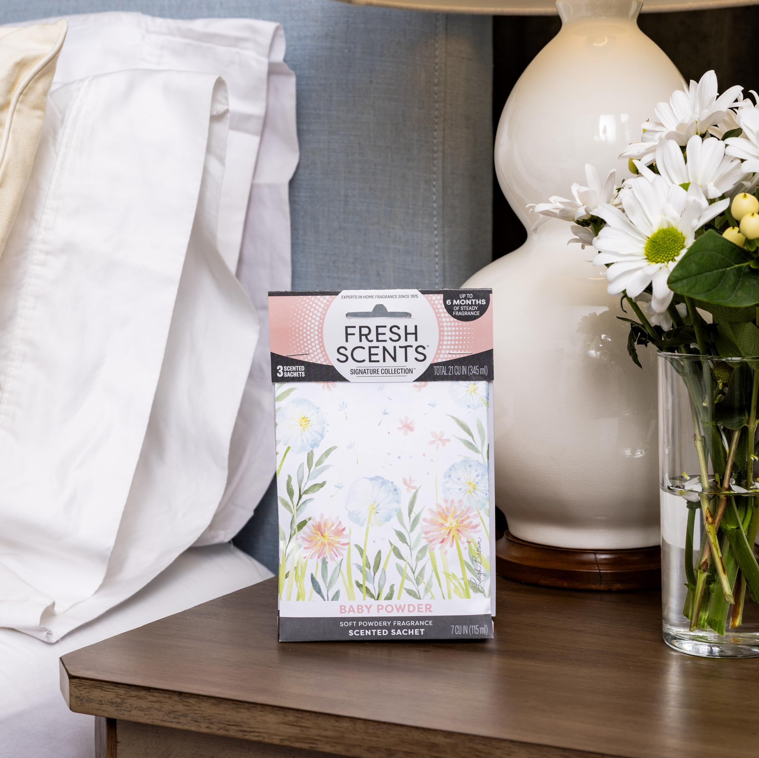 Fresh Scents Scented Sachets | Baby Powder | Home Fragrance | Long Lasting (Up to 6 Months) | Air Freshener for Closets, Drawers, & Cars | 6 Pack