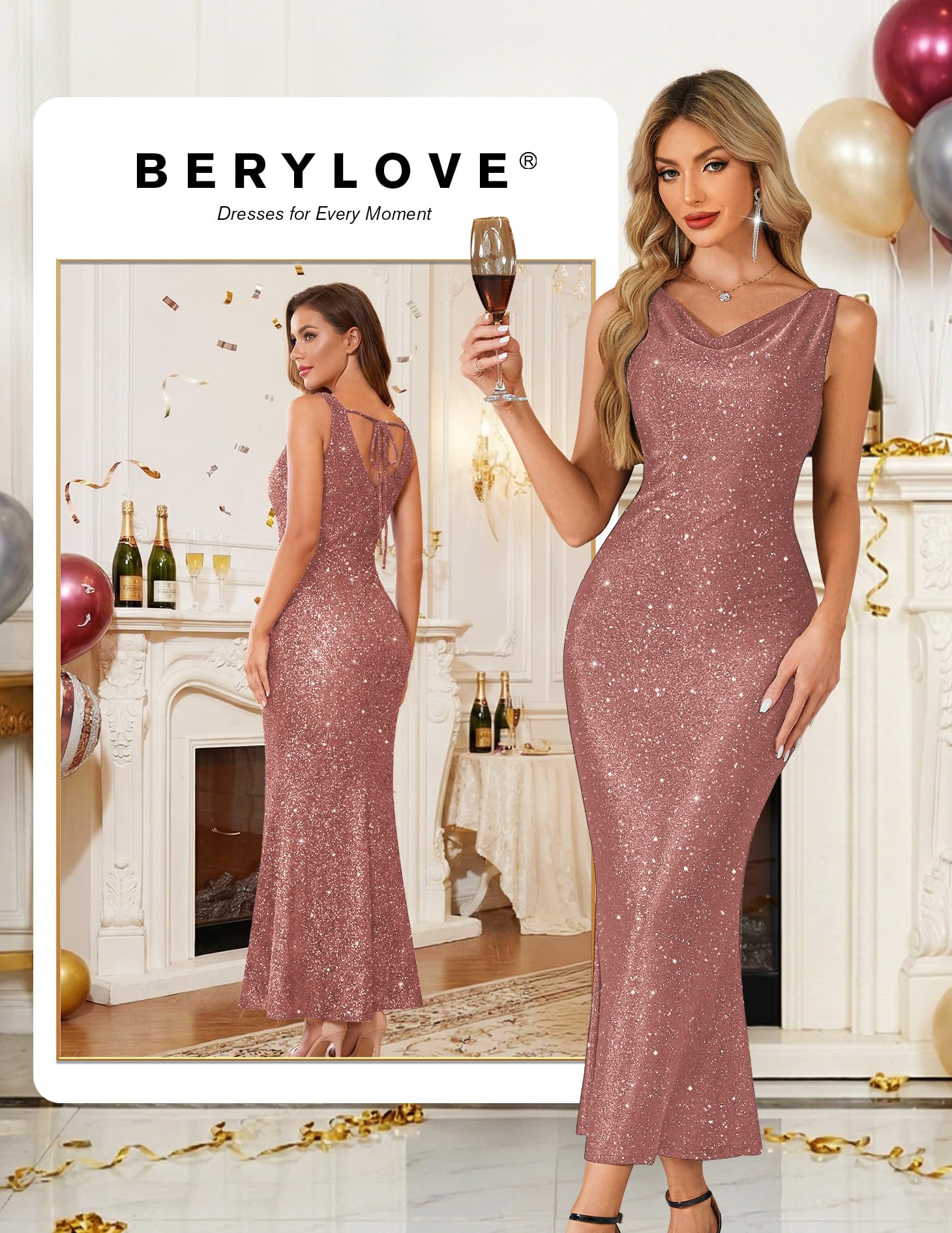 BeryLove Cocktail Formal Wedding Guest Sequin Gown Prom Midi Evening Party Bodycon Sparkle Dresses Ruched Christmas Sleeveless Long Dress 0035 Blush S