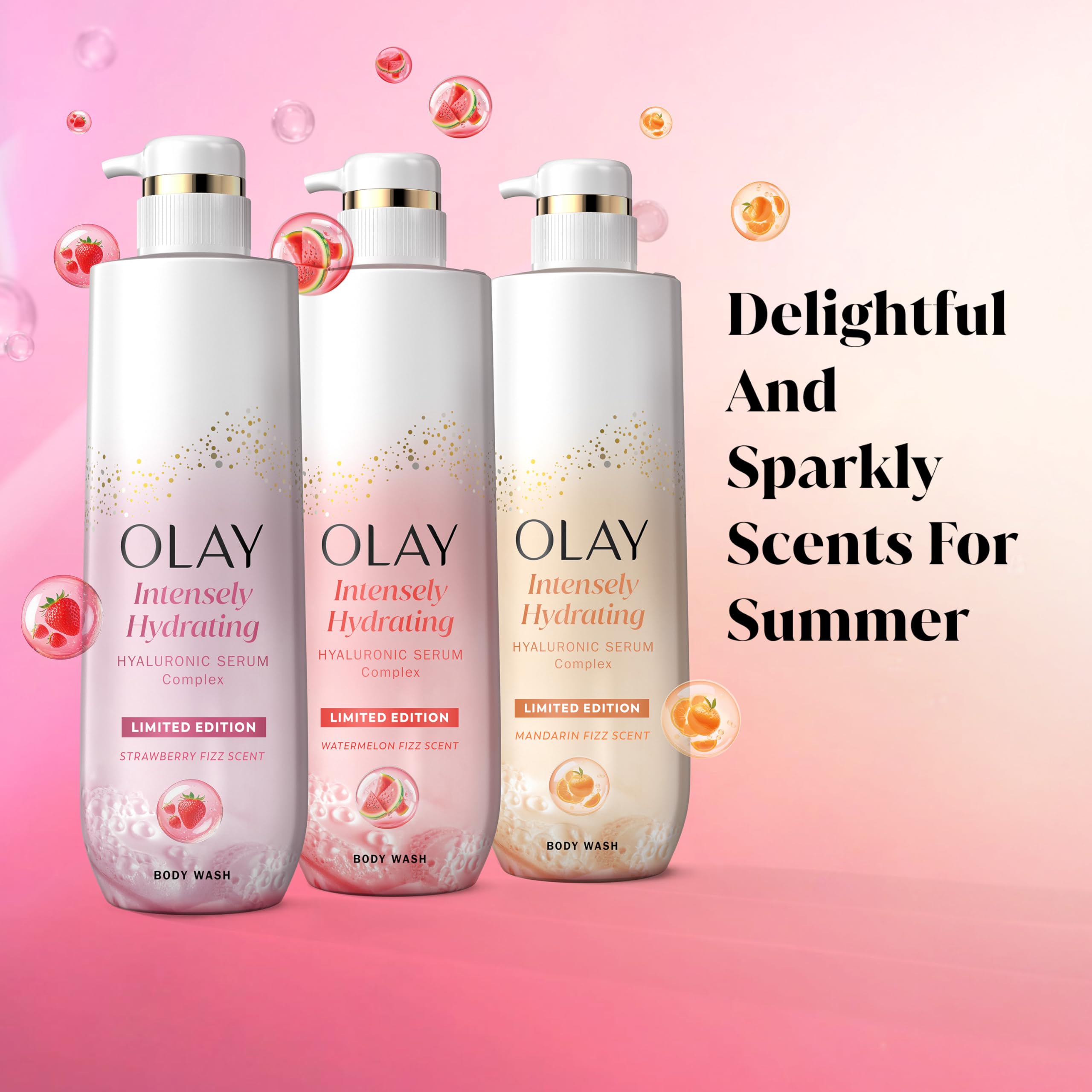 Olay Body Wash for Women, Intensely Hydrating, Pro-Hyaluronic Acid Serum Complex, Renews Moisture, Vitamin B3 Lameller Technology, For All Skin Types, Strawberry Summer Fizz Scent, 20 fl oz