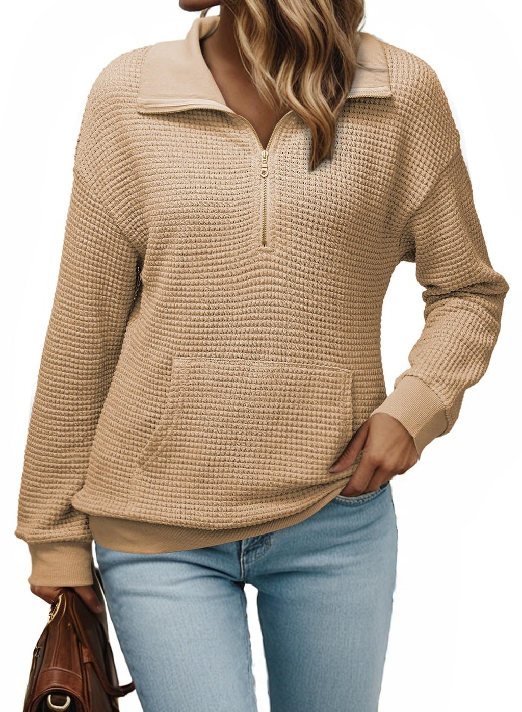 Dokotoo Women Sweatshirt Long Sleeve Oversized Sweatshirt 2025 Fall Fashion Quarter Zip Pullover Women Casual Sweaters with Pockets Trendy Clothing Tops Parchment Small