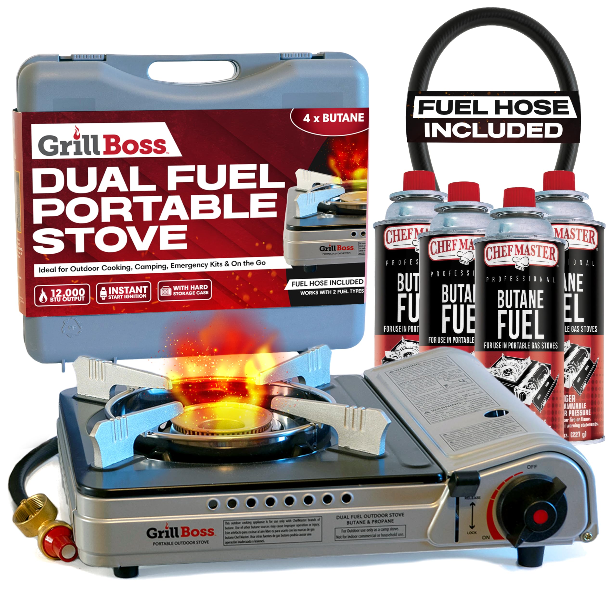 Grill Boss Dual Fuel Camp Stove w/ 4x 8oz Butane Canisters - 12,000 BTU Butane & Propane Portable Stove for Camping, Emergencies, BBQ, Hiking & Backpacking - Double Wind Guard, Piezo Ignition - 90057